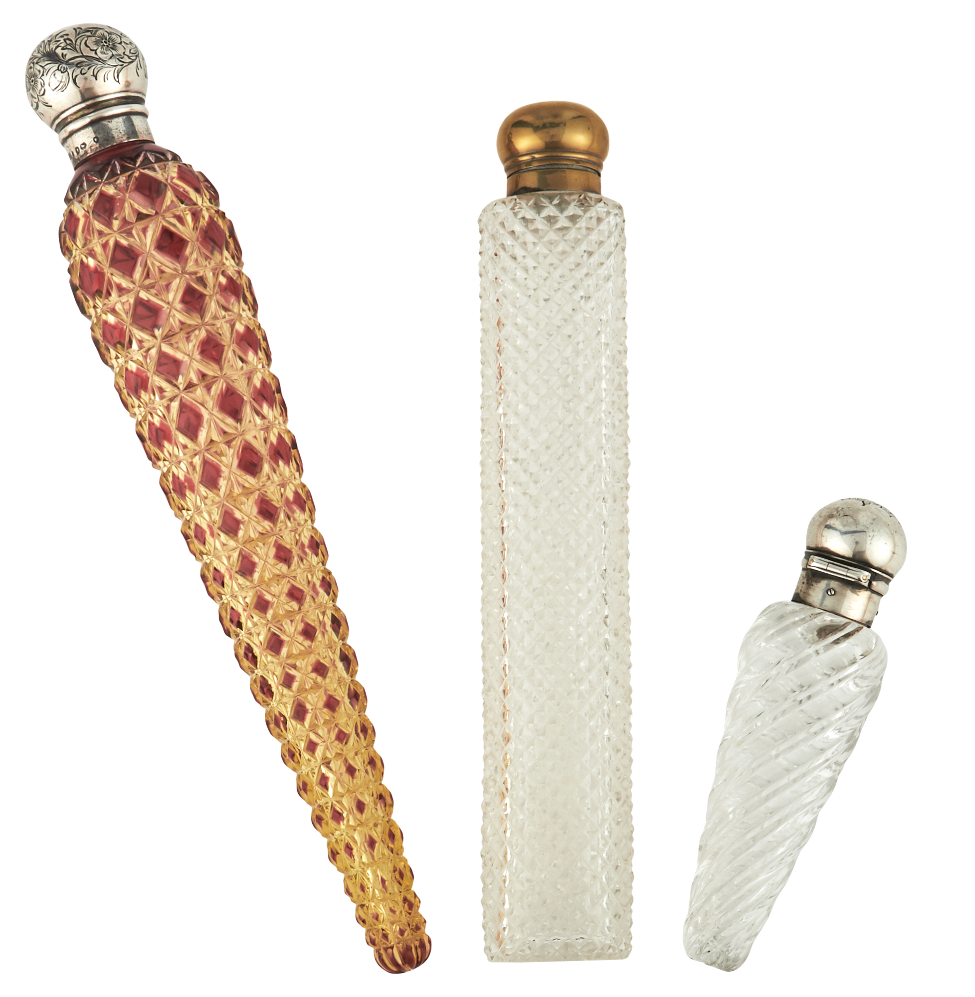 Lot image - Group of Three Metal-Mounted Cut Glass Scent Flasks