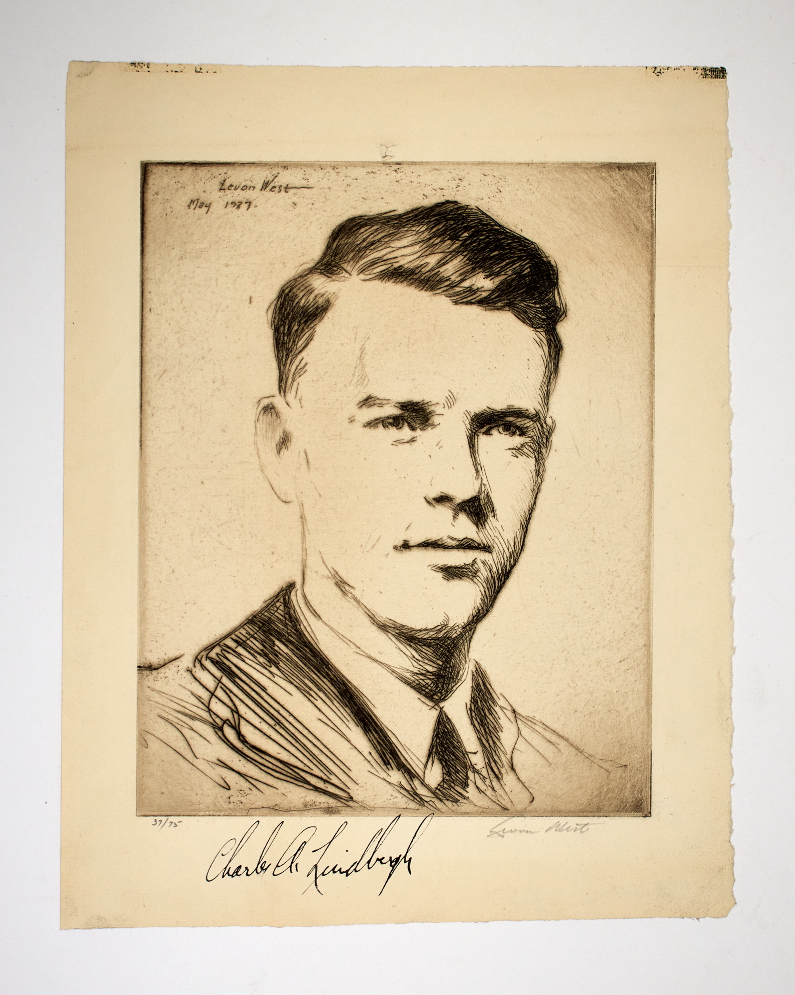 Lot image - LINDBERGH, CHARLES  WEST, LEVON.  Portrait etching of Charles Lindbergh, signed by the aviator and the artist.