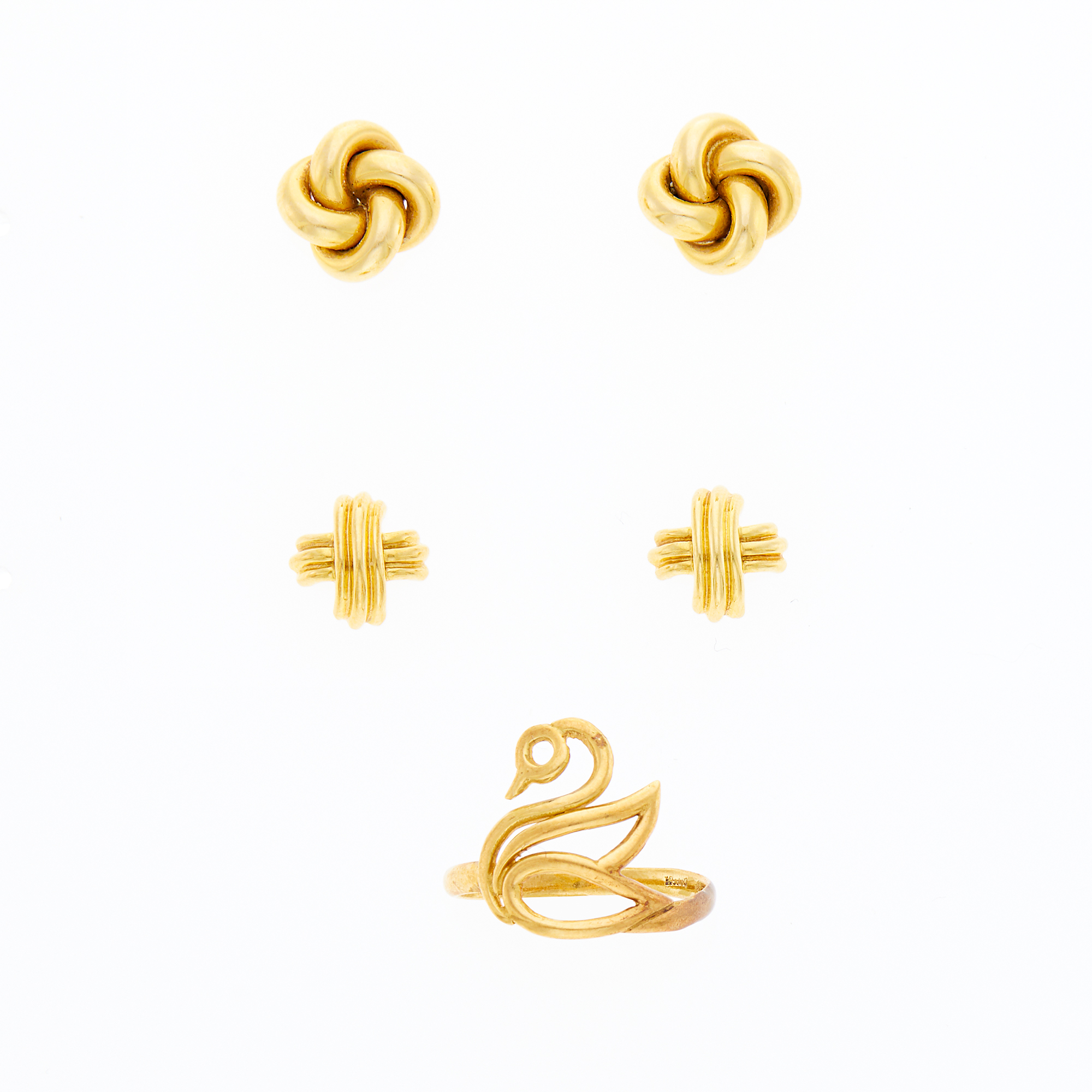 Lot image - Tiffany & Co. Two Pairs of Gold Earrings and Ilias Lalaounis Gold Swan Ring