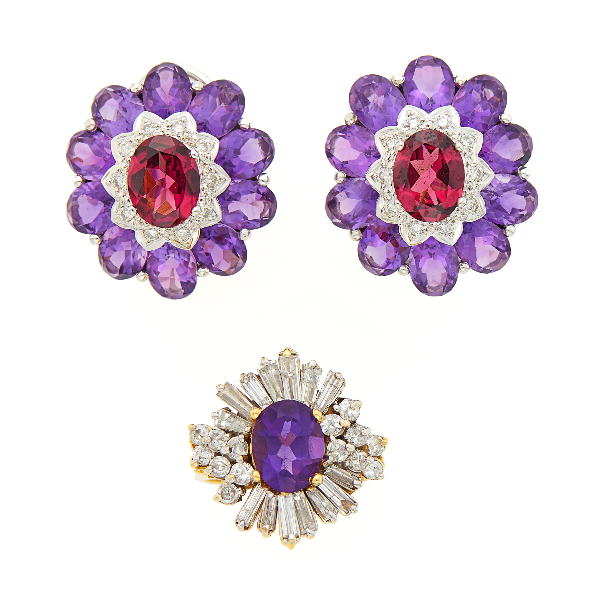 Lot image - Pair of White Gold, Garnet, Amethyst and Diamond Earrings and Two-Color Gold, Amethyst and Diamond Ring
