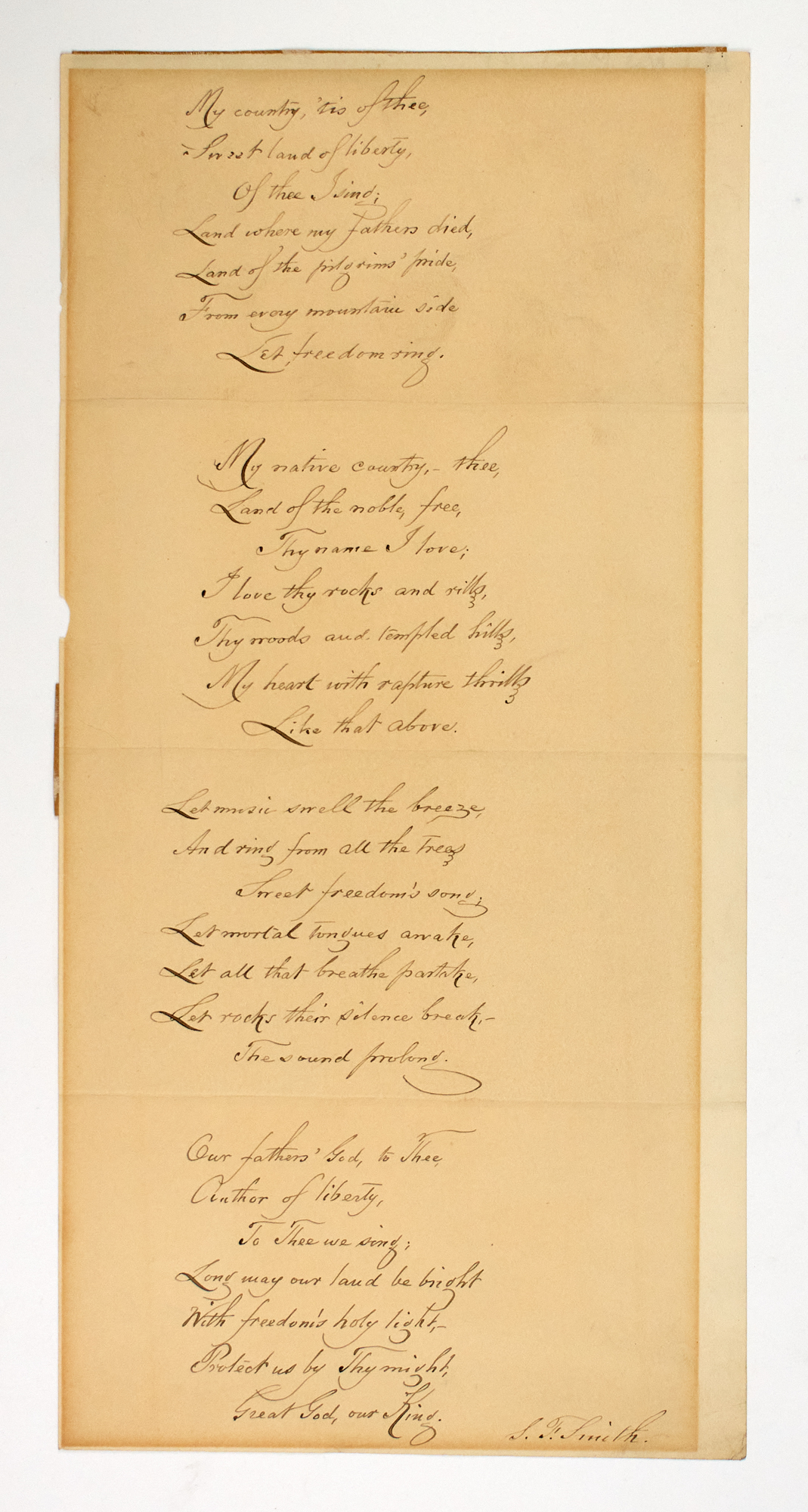 Lot image - SMITH, SAMUEL FRANCIS  Manuscript fair copy of his poem America.