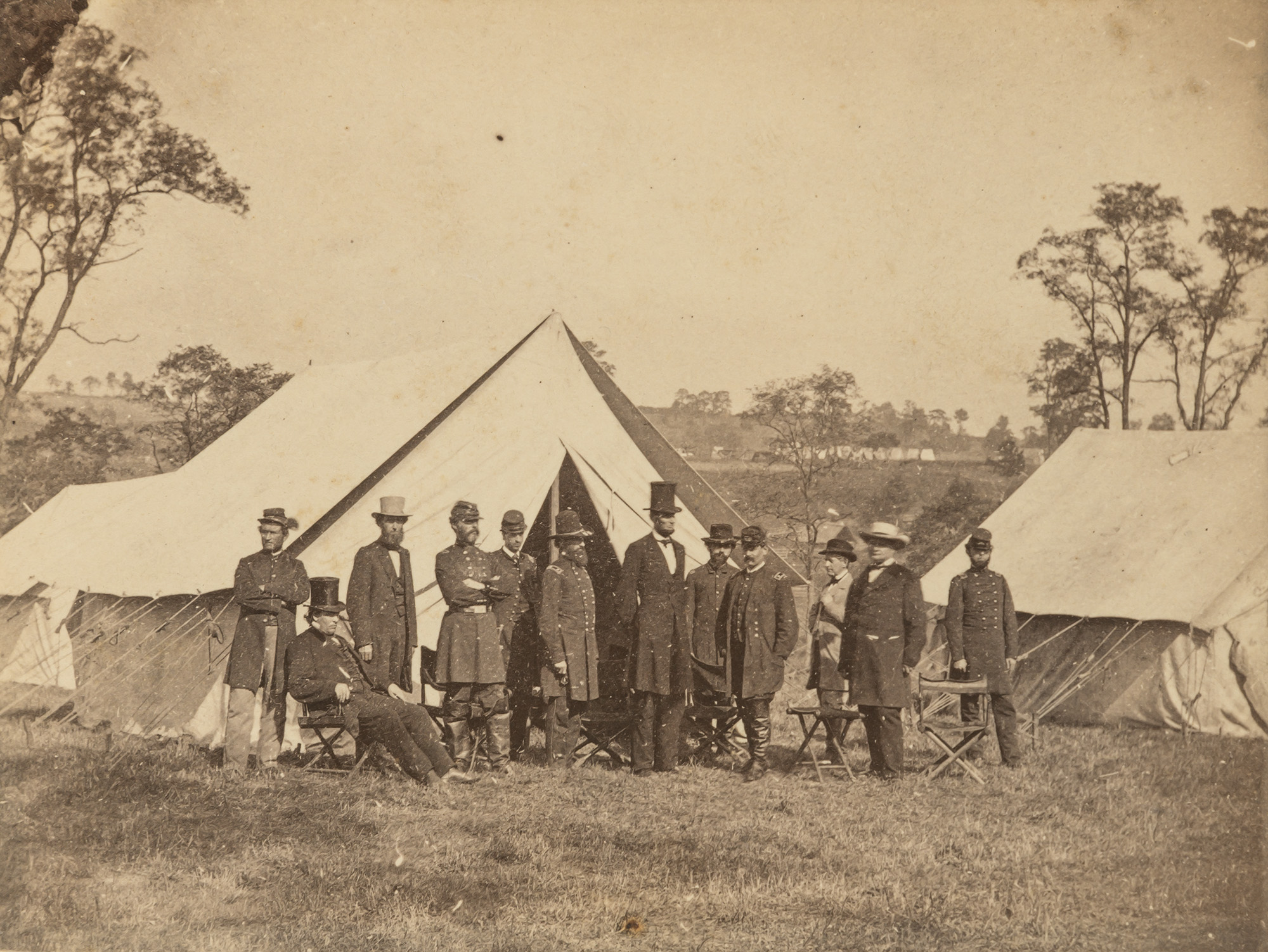 Lot image - GARDNER, ALEXANDER (1821-1882)  Abraham Lincoln and General George McClellan at Antietam, October 3, 1862.