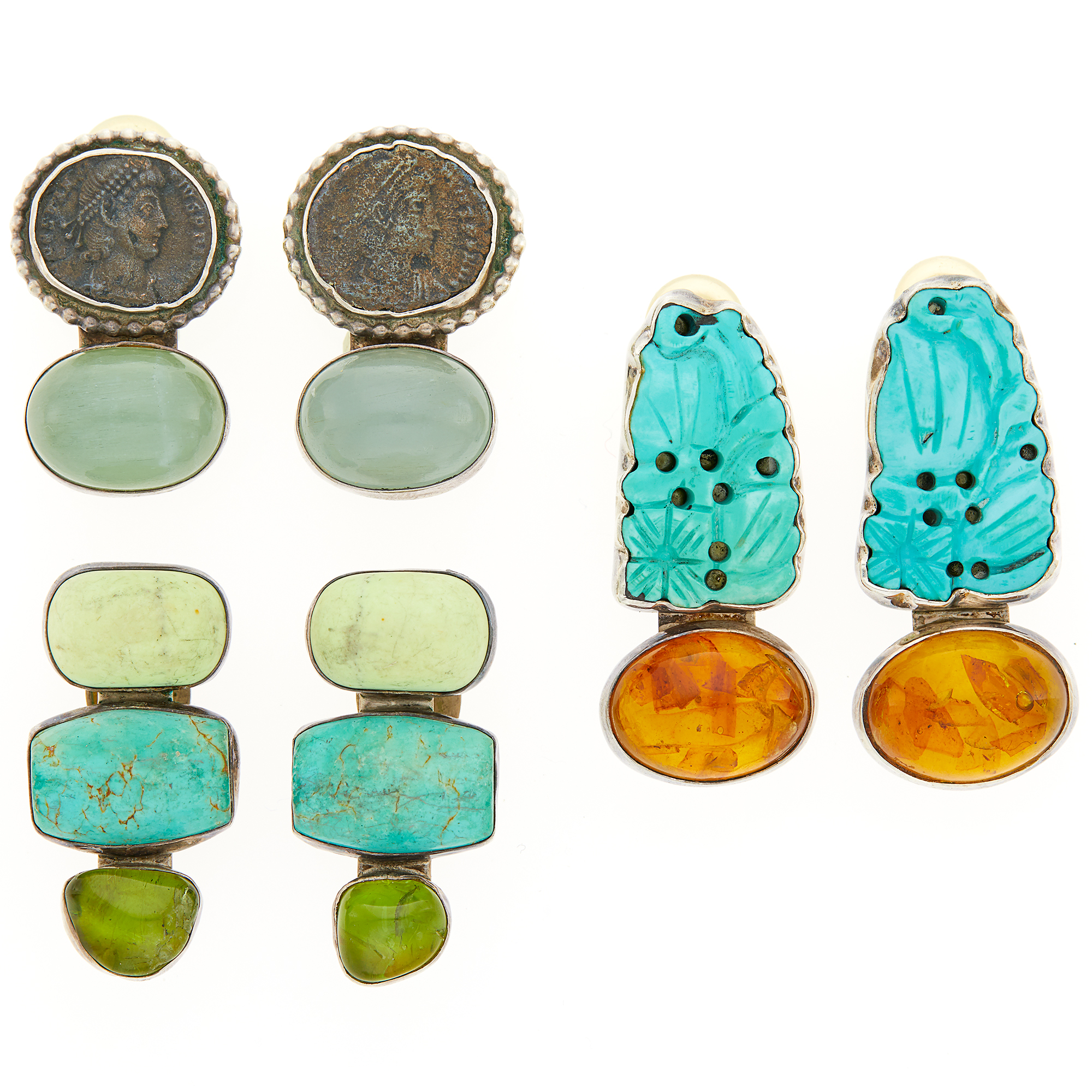 Lot image - Rebecca Collins Three Pairs of Sterling Silver and Hardstone Earclips