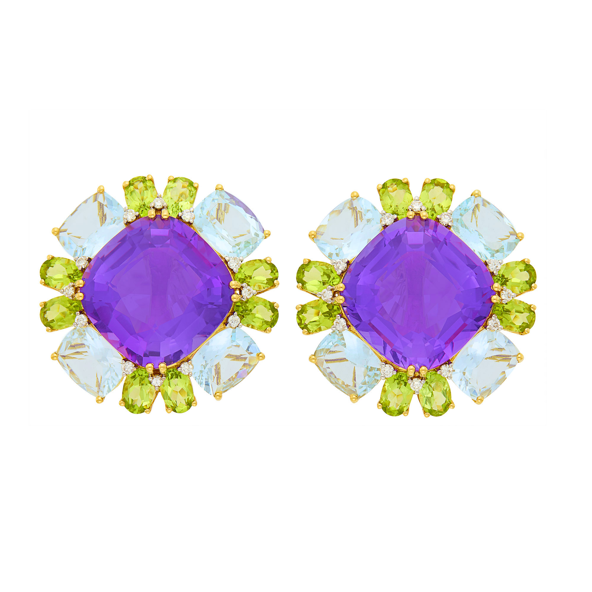 Lot image - Pair of Gold, Amethyst, Peridot, Aquamarine and Diamond Earclips