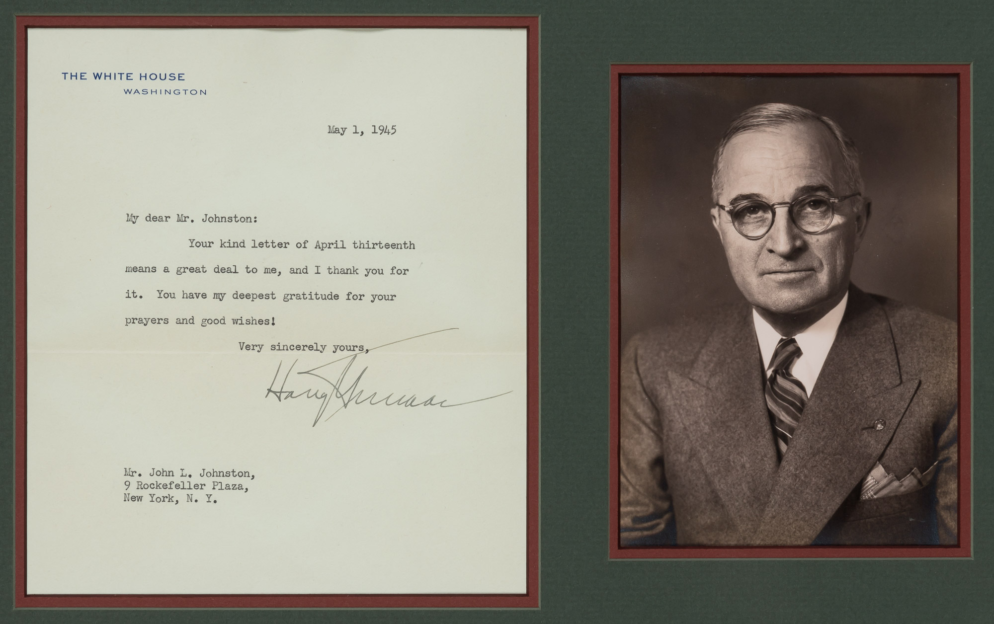 Lot image - TRUMAN, HARRY  Typed letter signed as President