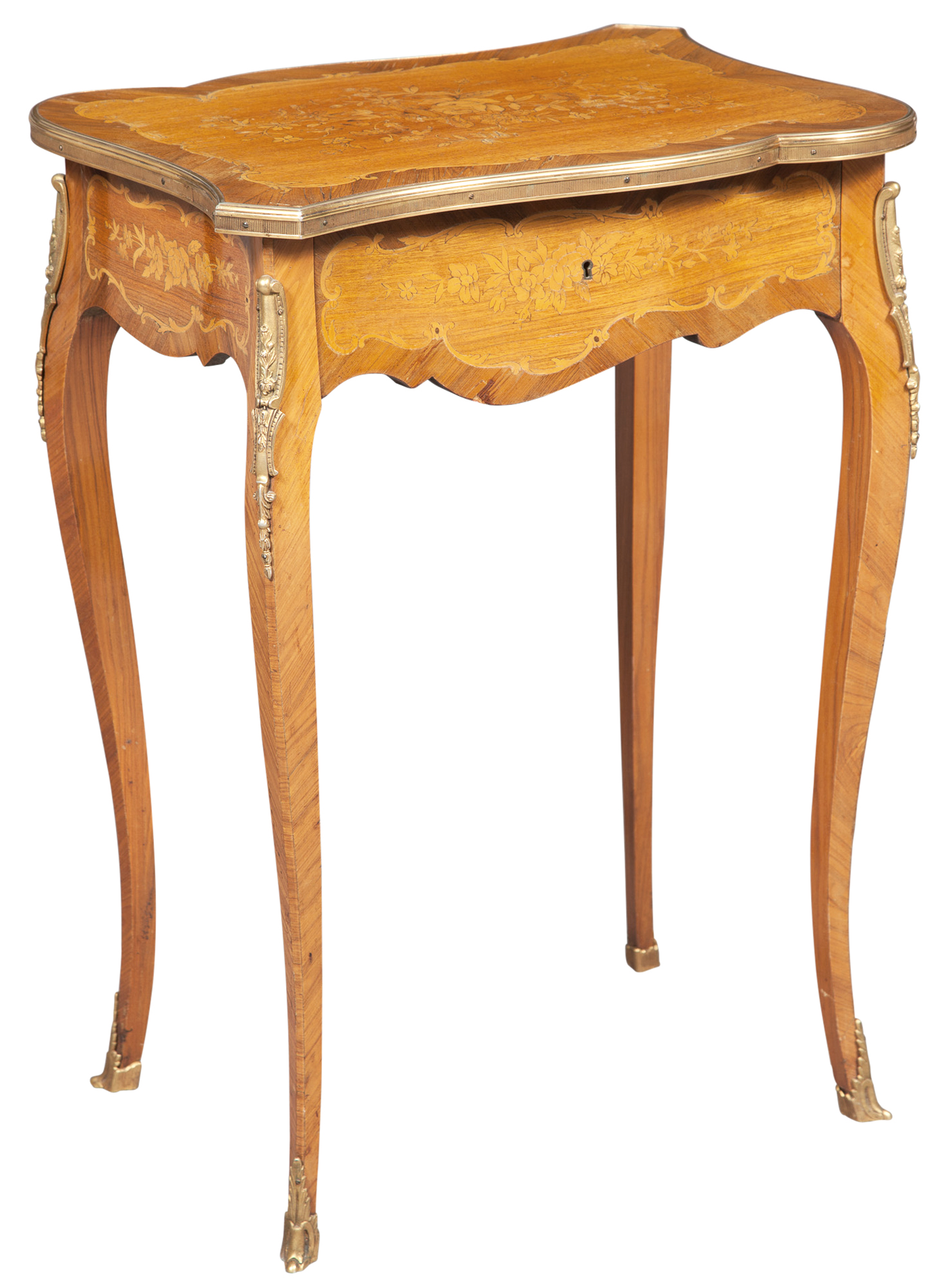Lot image - Louis XV Style Gilt-Metal Mounted and Fruitwood Marquetry Inlaid Occasional Table