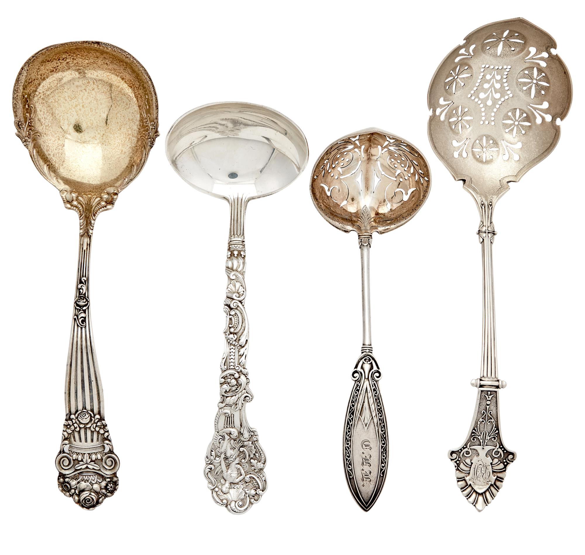 Lot image - Group of Four Sterling Silver Sauce Spoons and Sauce Ladles