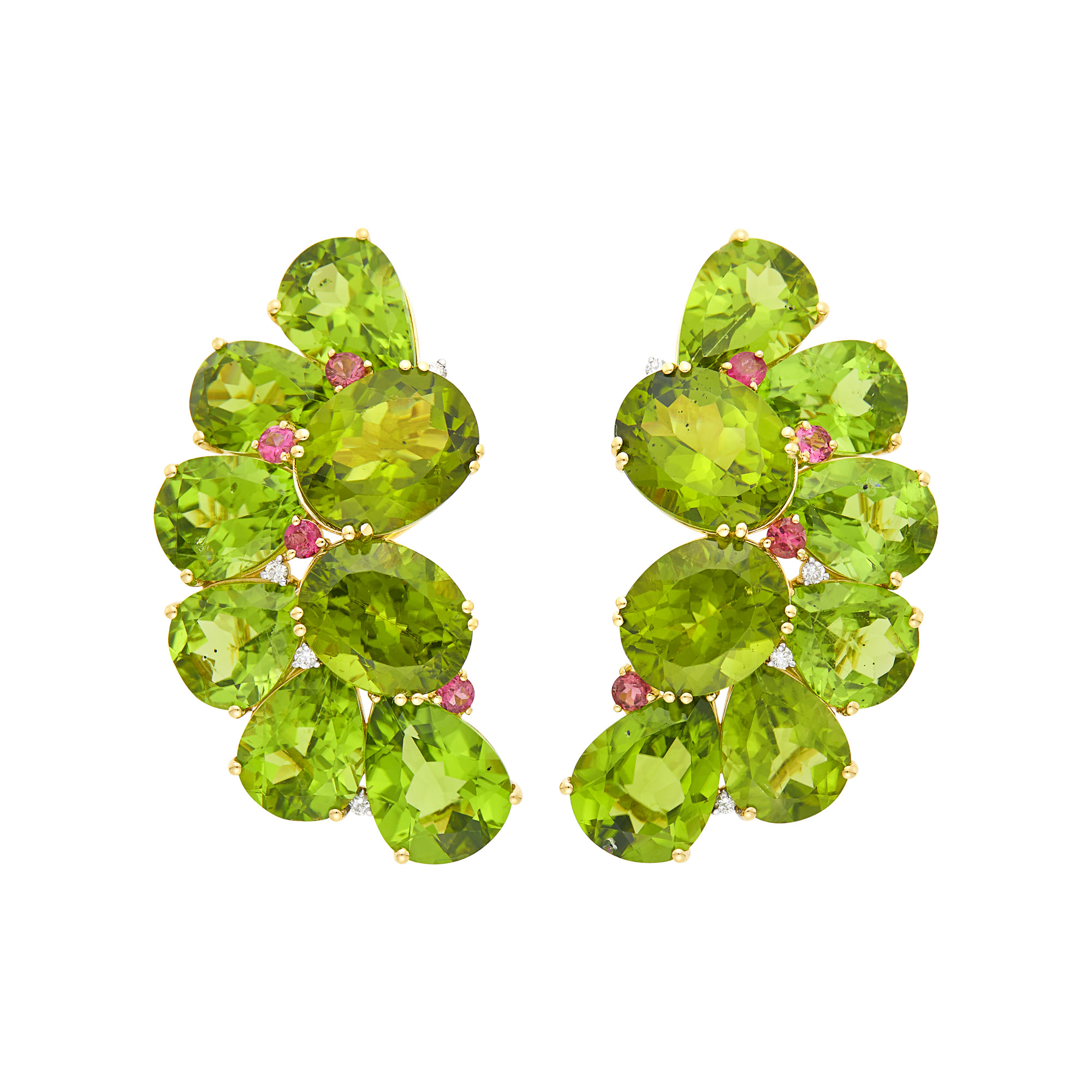 Lot image - Pair of Gold, Peridot, Pink Tourmaline and Diamond Earclips
