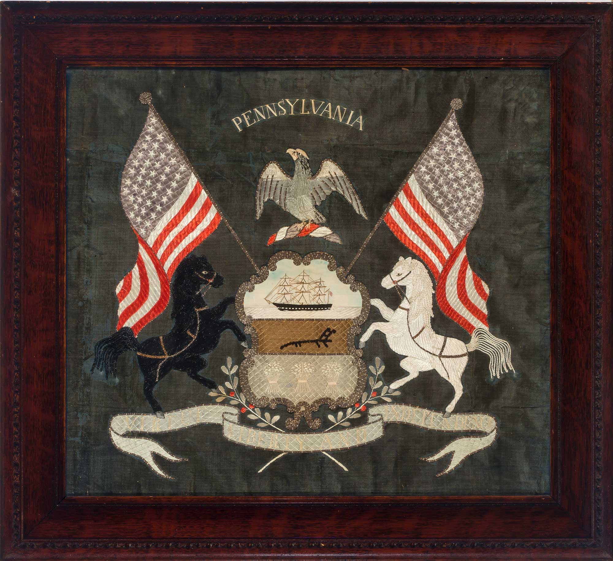 Lot image - Metallic Thread Embroidered Silk Arms of Pennsylvania