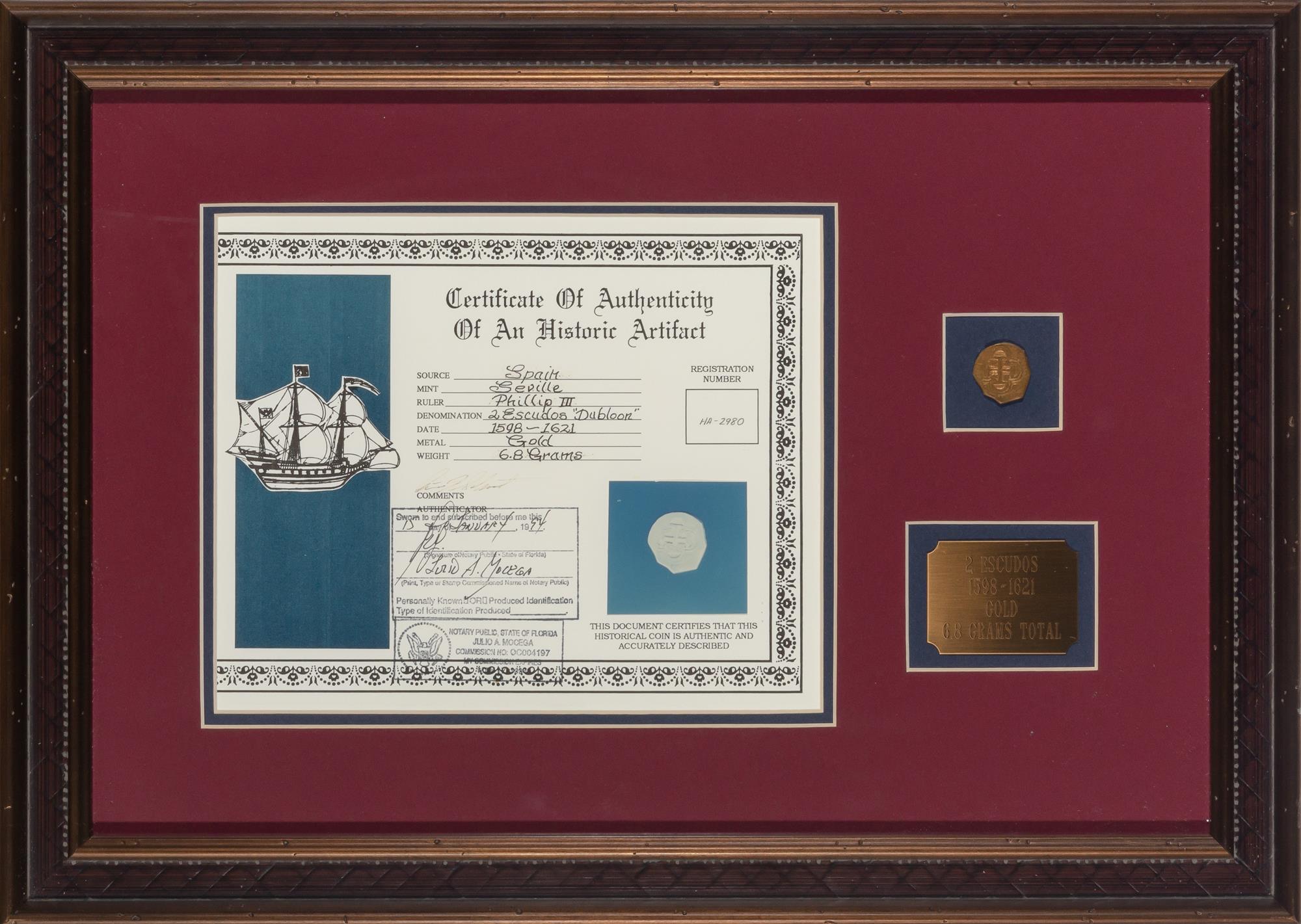 Lot image - Spanish 1600s Gold Two Escudos, Framed