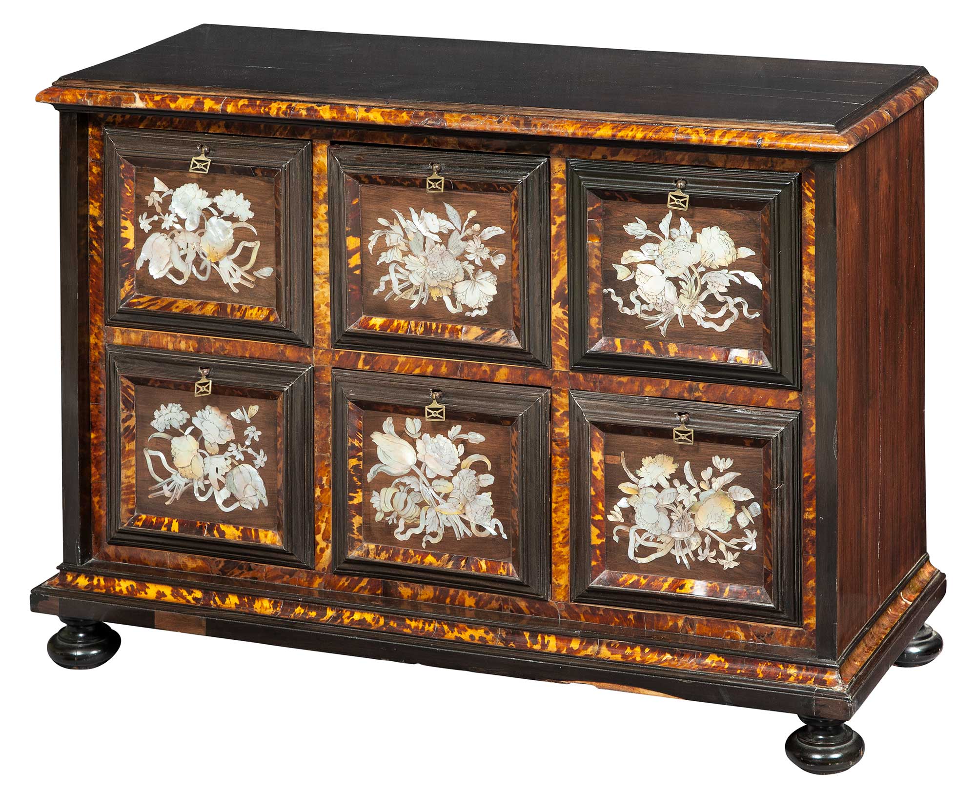 Lot image - Continental Ebony, Tortoiseshell, Mother-of-Pearl-Inlaid and Ebonized Table Chest