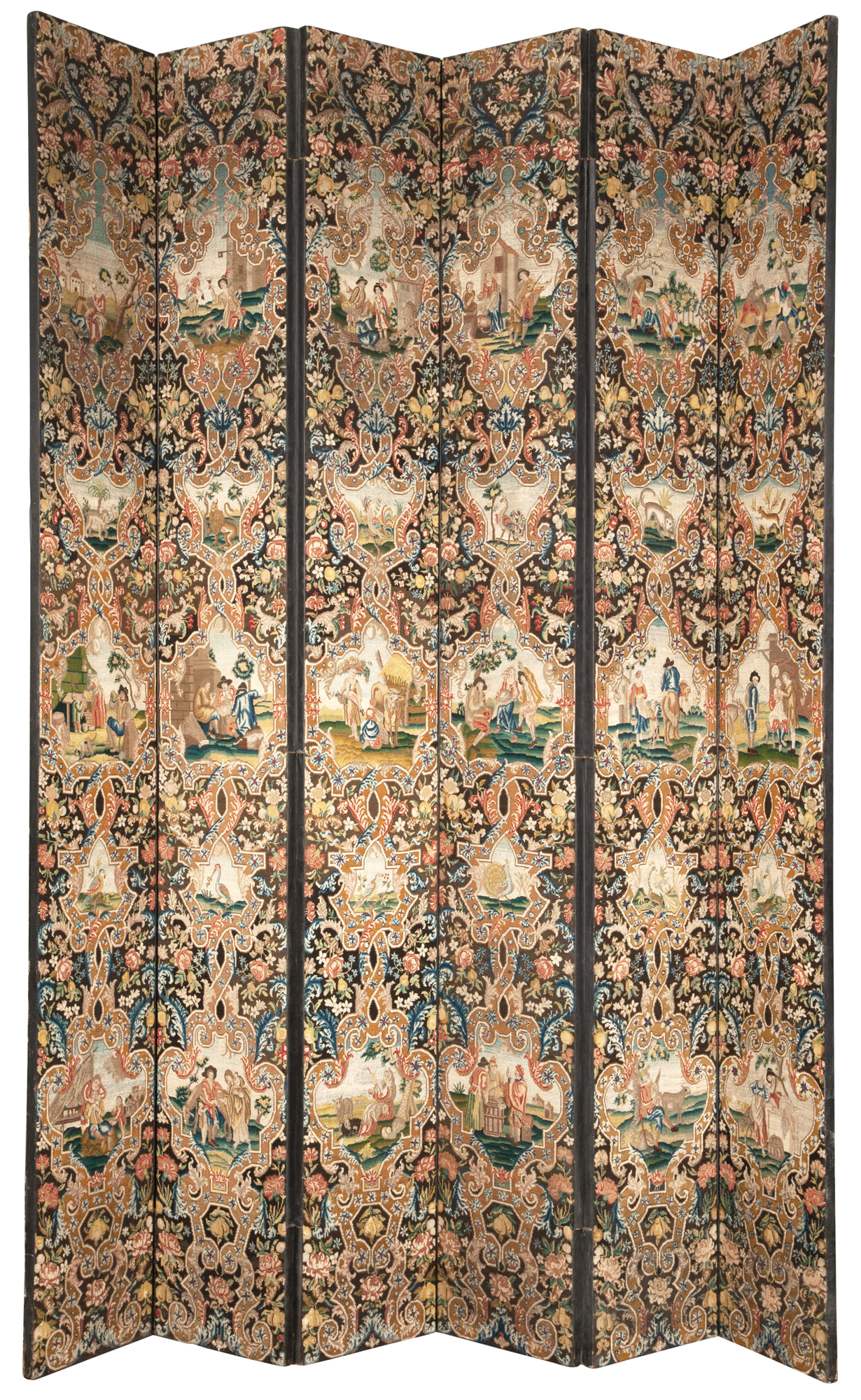 Lot image - Flemish Style Needlepoint Six-Fold Screen