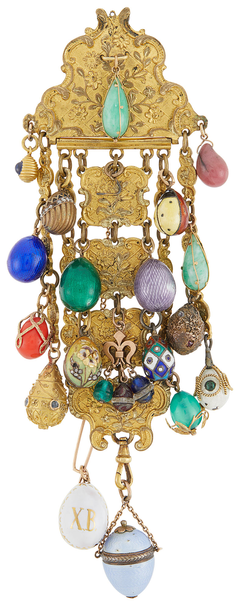Lot image - Group of Russian Gold, Silver, Enamel, Hardstone and Glass Pendant Eggs