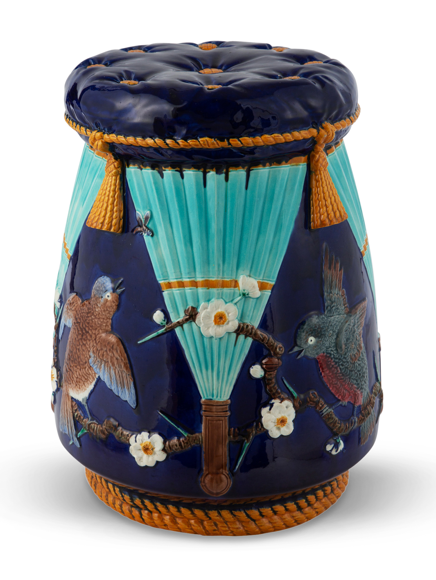 Lot image - Josiah Wedgwood & Sons Majolica Aesthetic Movement Cobalt-Blue Ground Bird and Fan Garden Seat