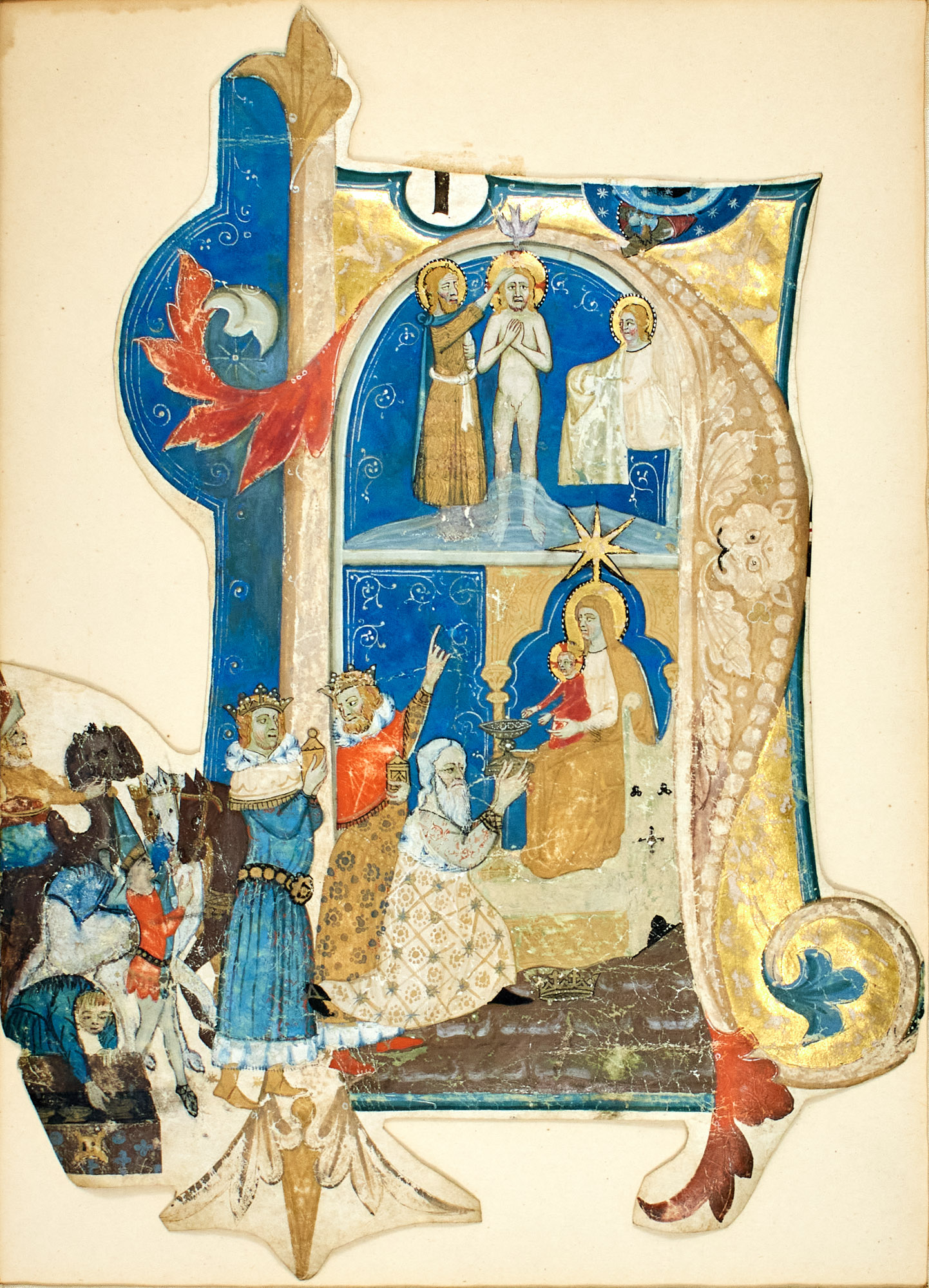 Lot image - [MANUSCRIPT ILLUMINATION]  NERI DA RIMINI (attributed). Large excised initial N from a choirbook, extensively historiated.