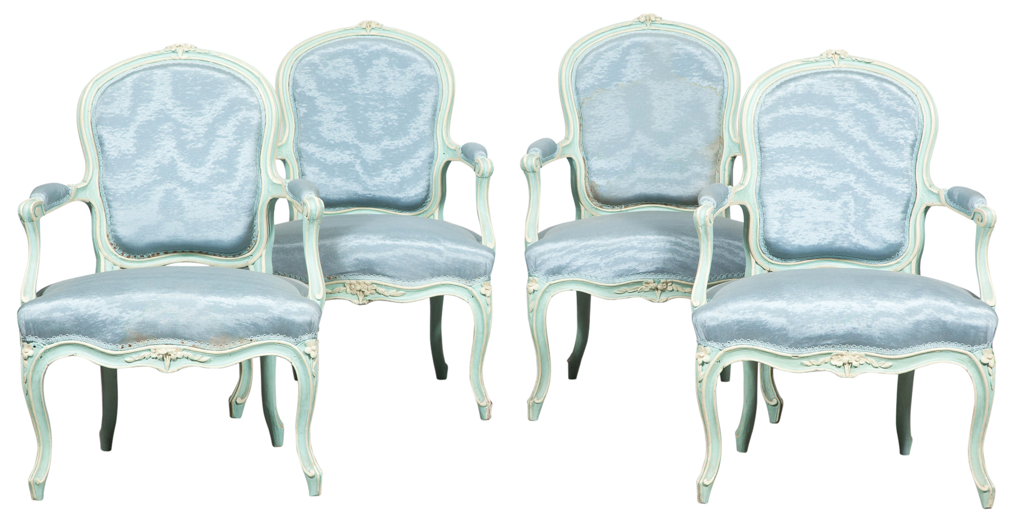 Lot image - Set of Four Louis XV Blue Painted Fauteuils