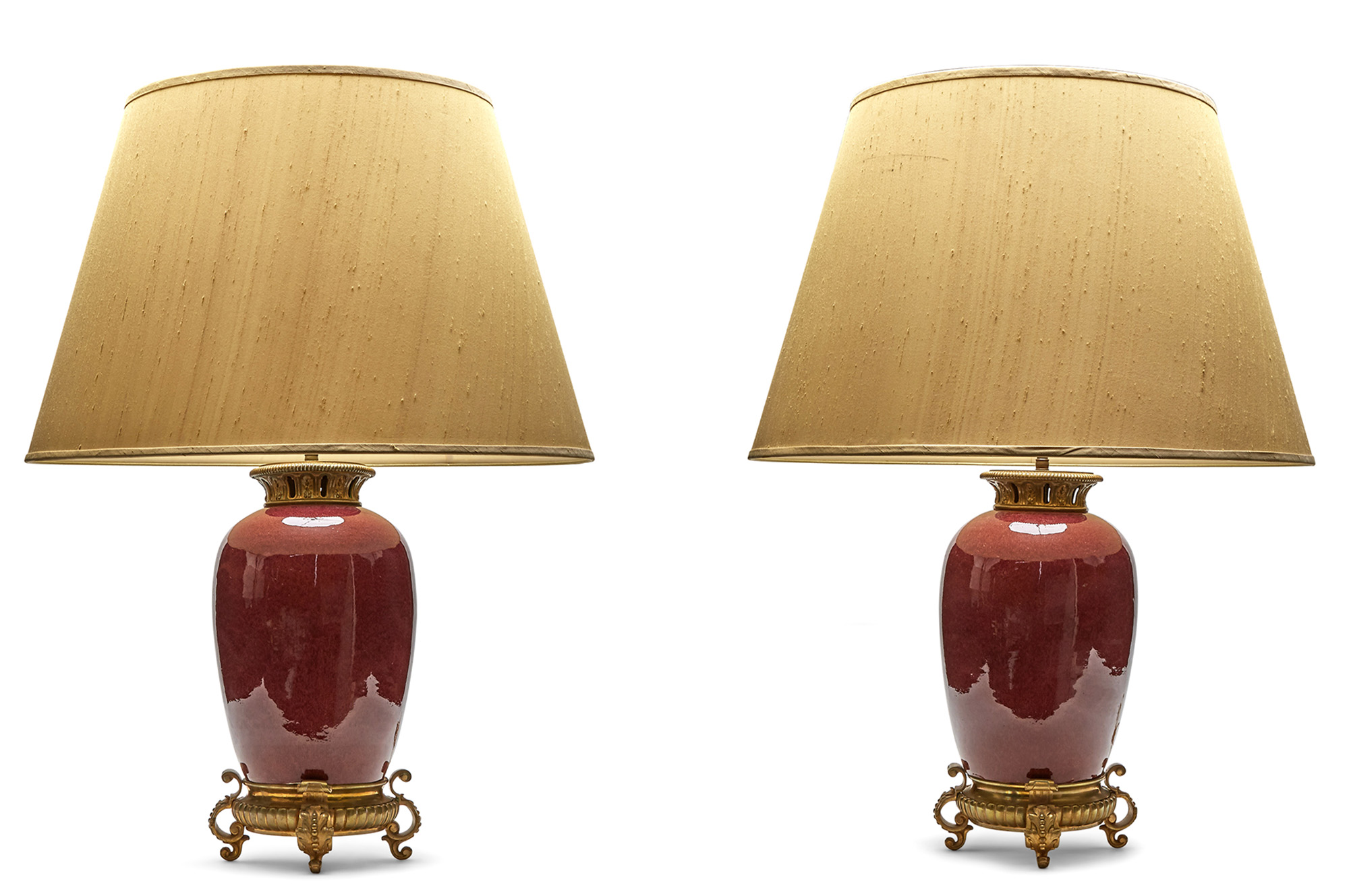 Lot image - Pair of Bronze Mounted Oxblood Porcelain Vases Mounted as Lamps