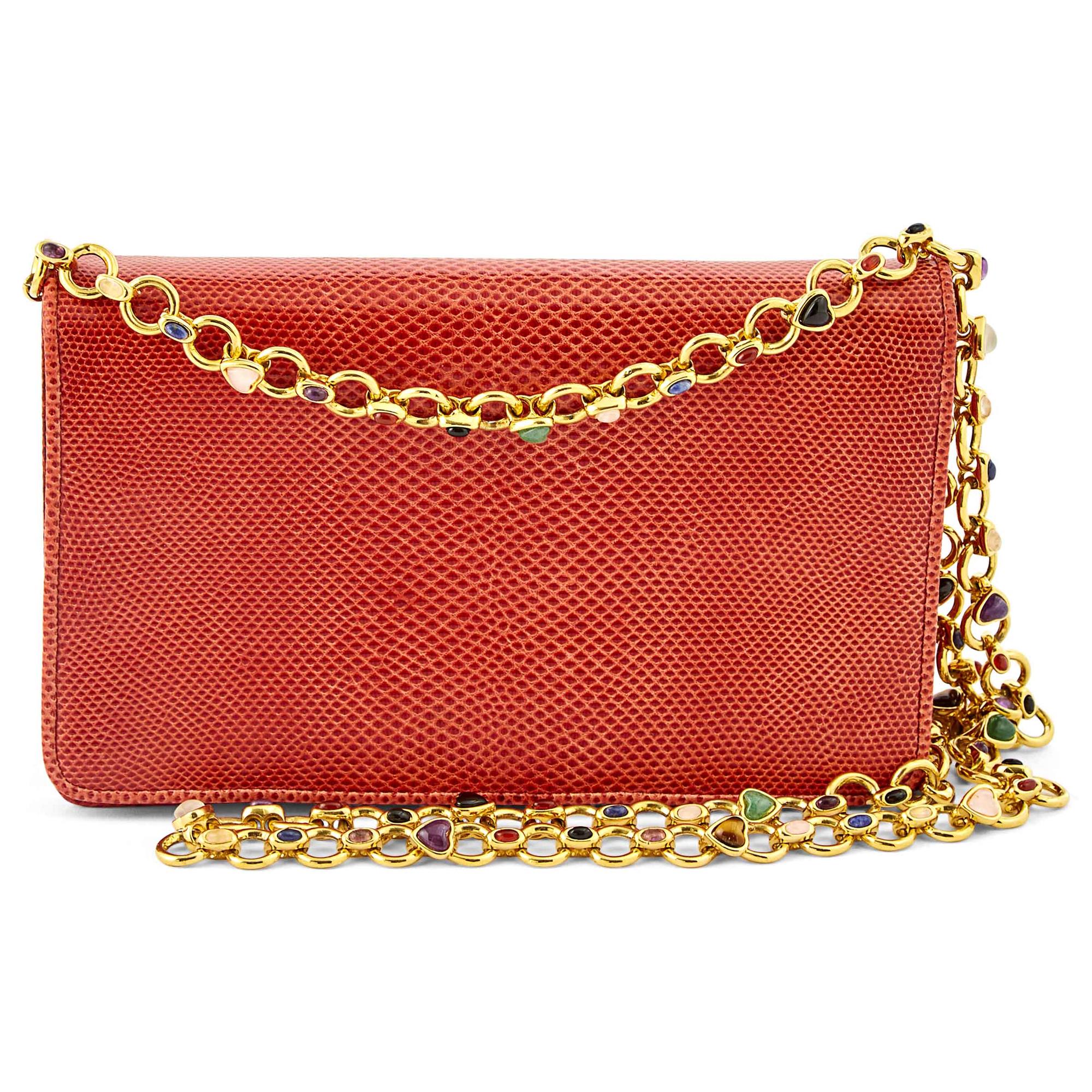 Lot image - Judith Leiber Red Lizard Bag with Hardstone Chain