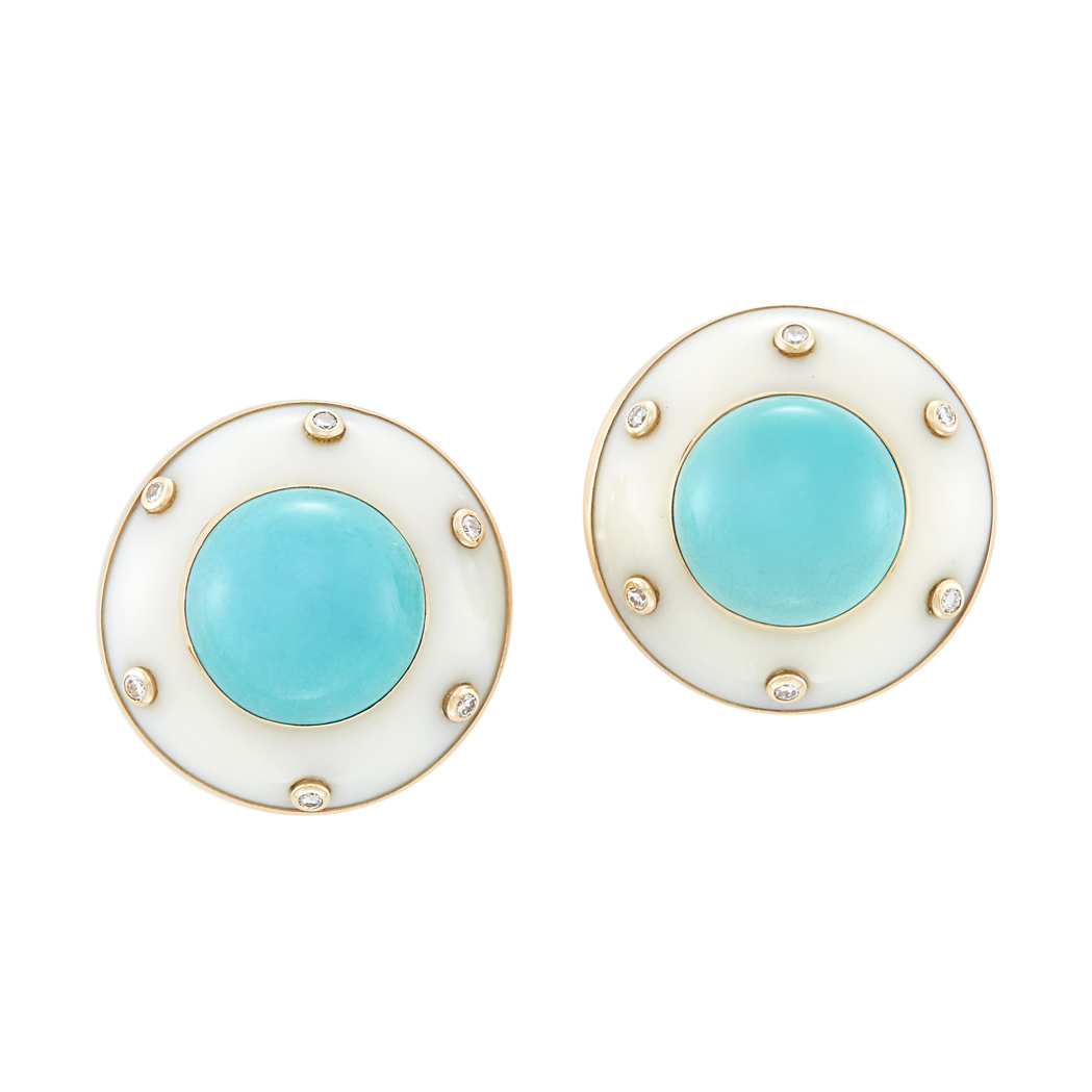 Lot image - Pair of Gold, Turquoise, White Agate and Diamond Earrings