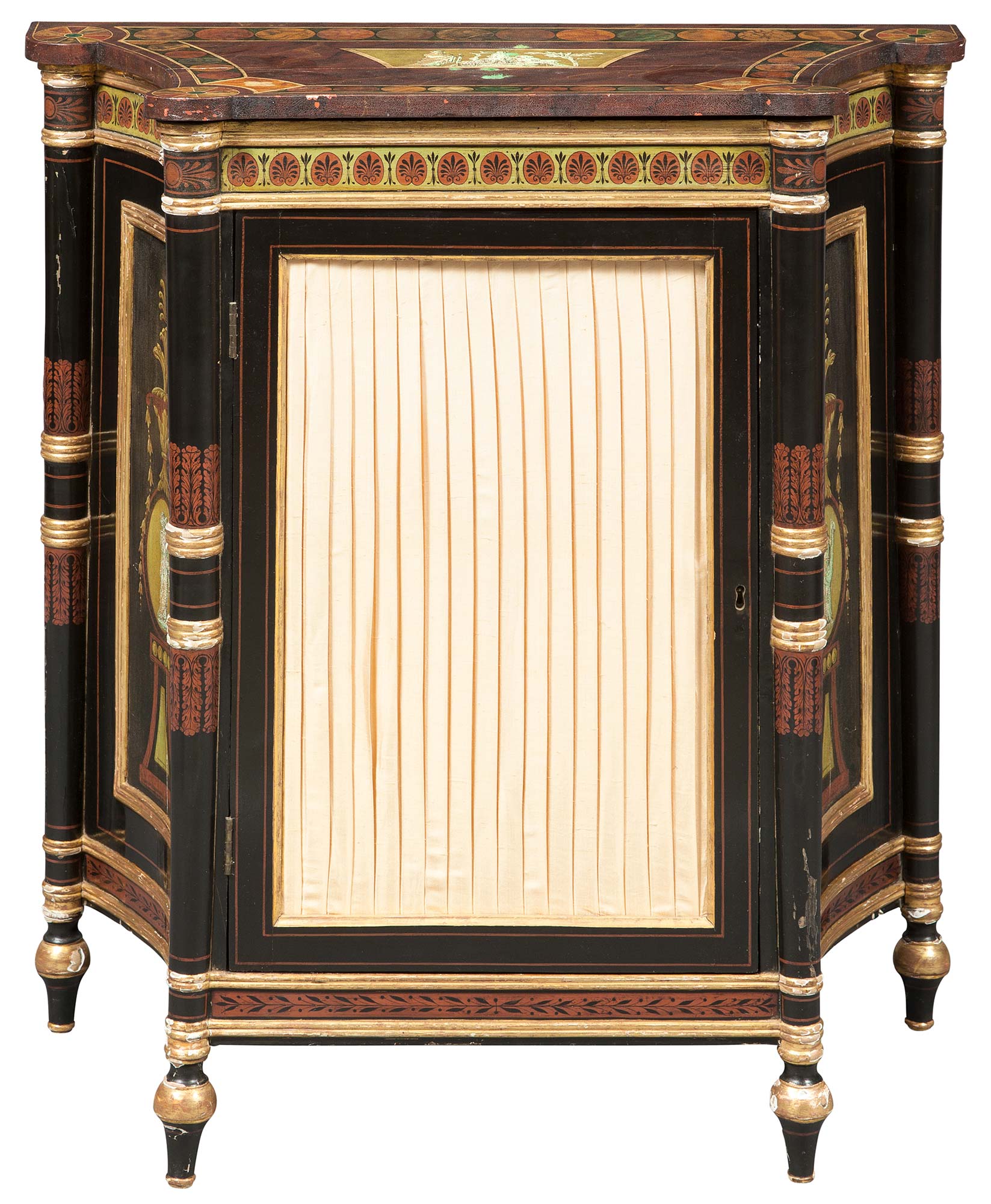 Lot image - Pair of Regency Black-Japanned, Parcel-Gilt and Faux Marble-Decorated Cabinets