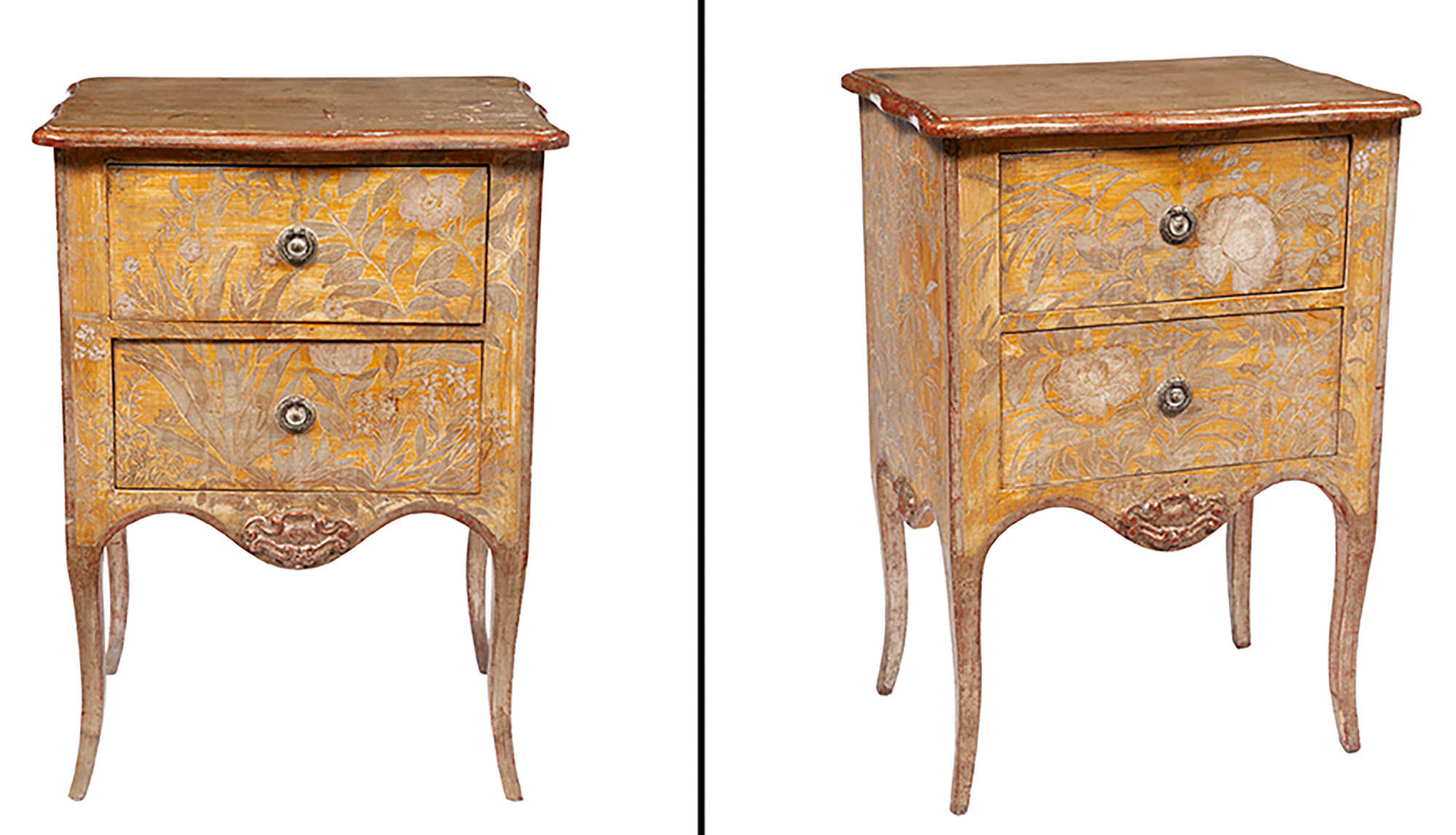 Lot image - Pair of Venetian Style Yellow-Painted and Silvered Bedside Tables