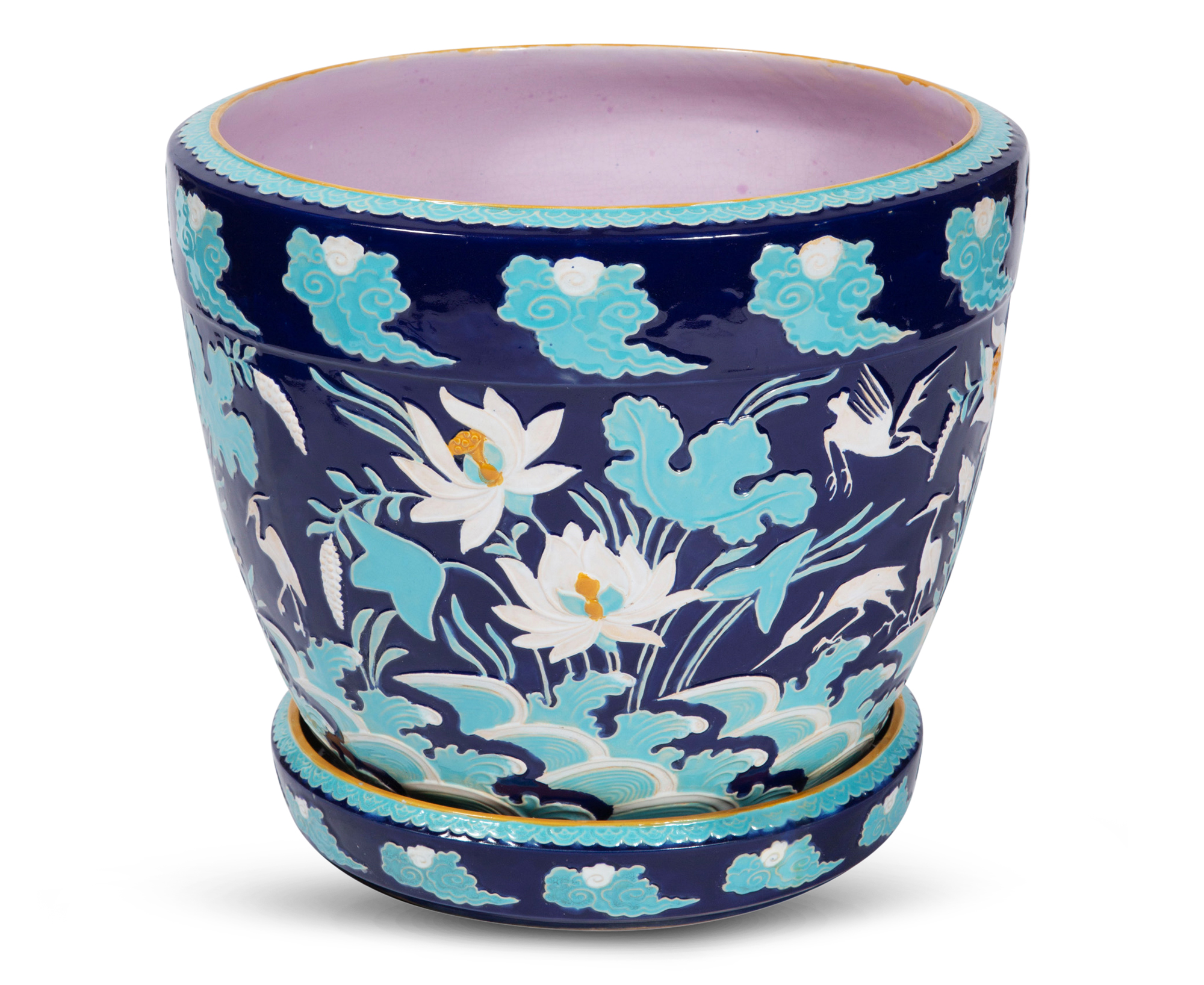 Lot image - Minton Majolica Aesthetic Movement Cobalt-Blue Ground Lotus Garden Pot and Stand