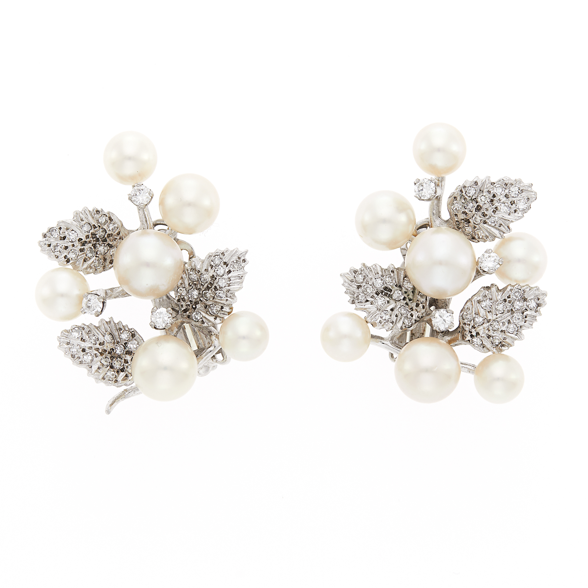 Lot image - Pair of White Gold, Cultured Pearl and Diamond Earclips