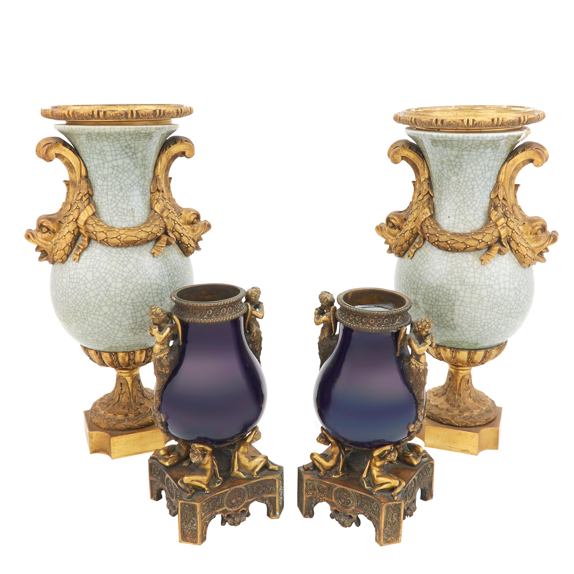 Lot image - Pair of Louis XVI Style Gilt-Metal Mounted Samson Celadon Crackle Glazed Porcelain Vases; Together with a Pair of Napoleon III Style Gilt-Metal Mounted Cobalt Ground Porcelain Vases