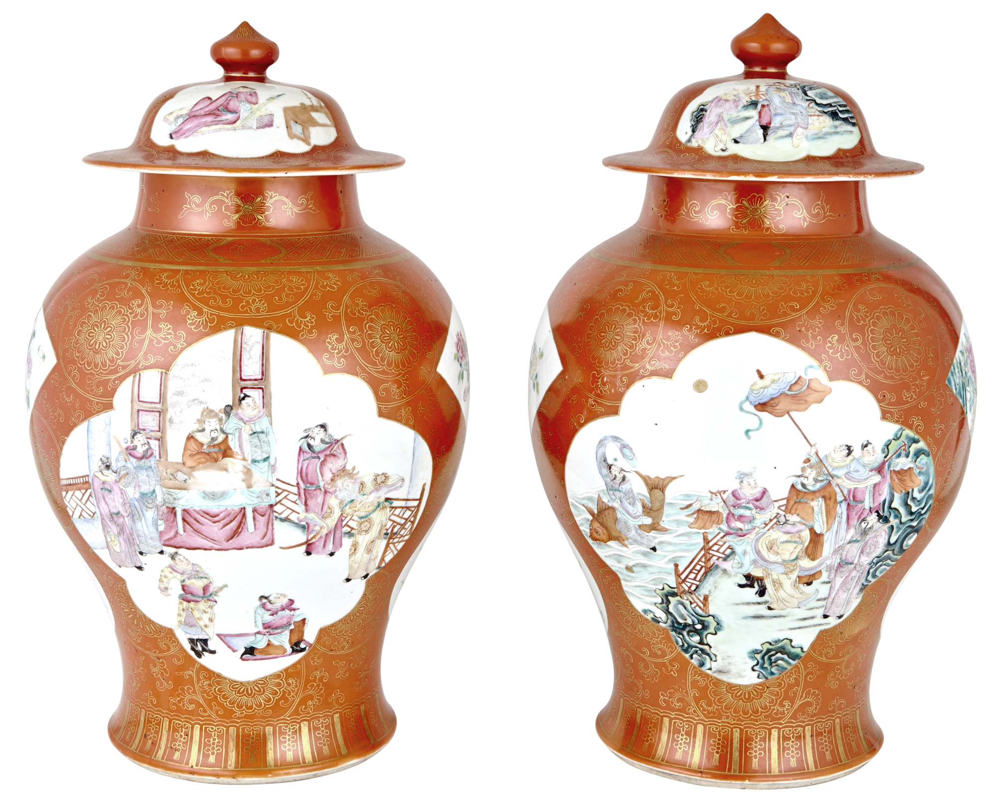 Lot image - Pair of Chinese Famille Rose Orange Ground Porcelain Covered Jars