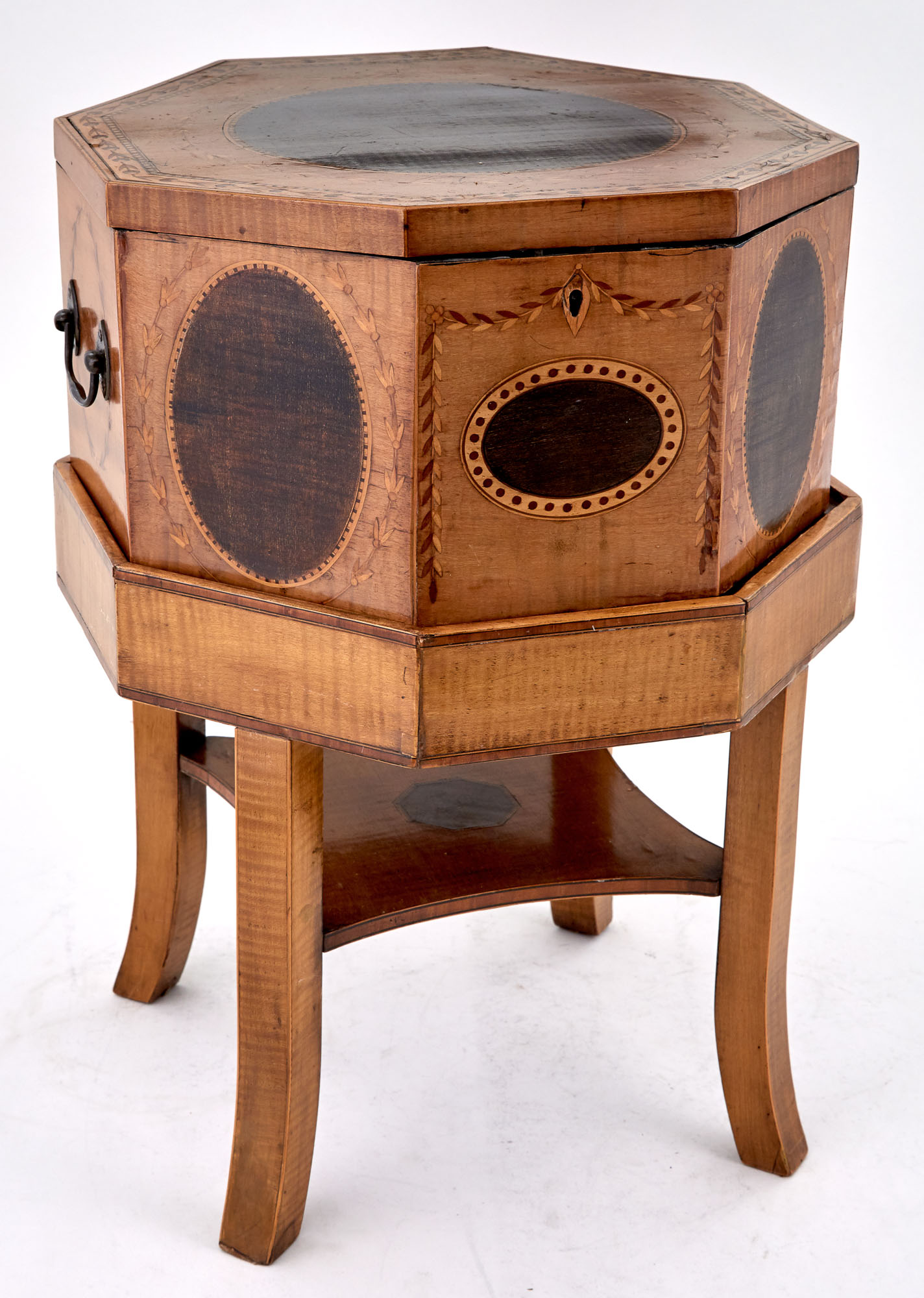 Lot image - George III Satinwood and Harewood Marquetry Octagonal Work Box on Stand