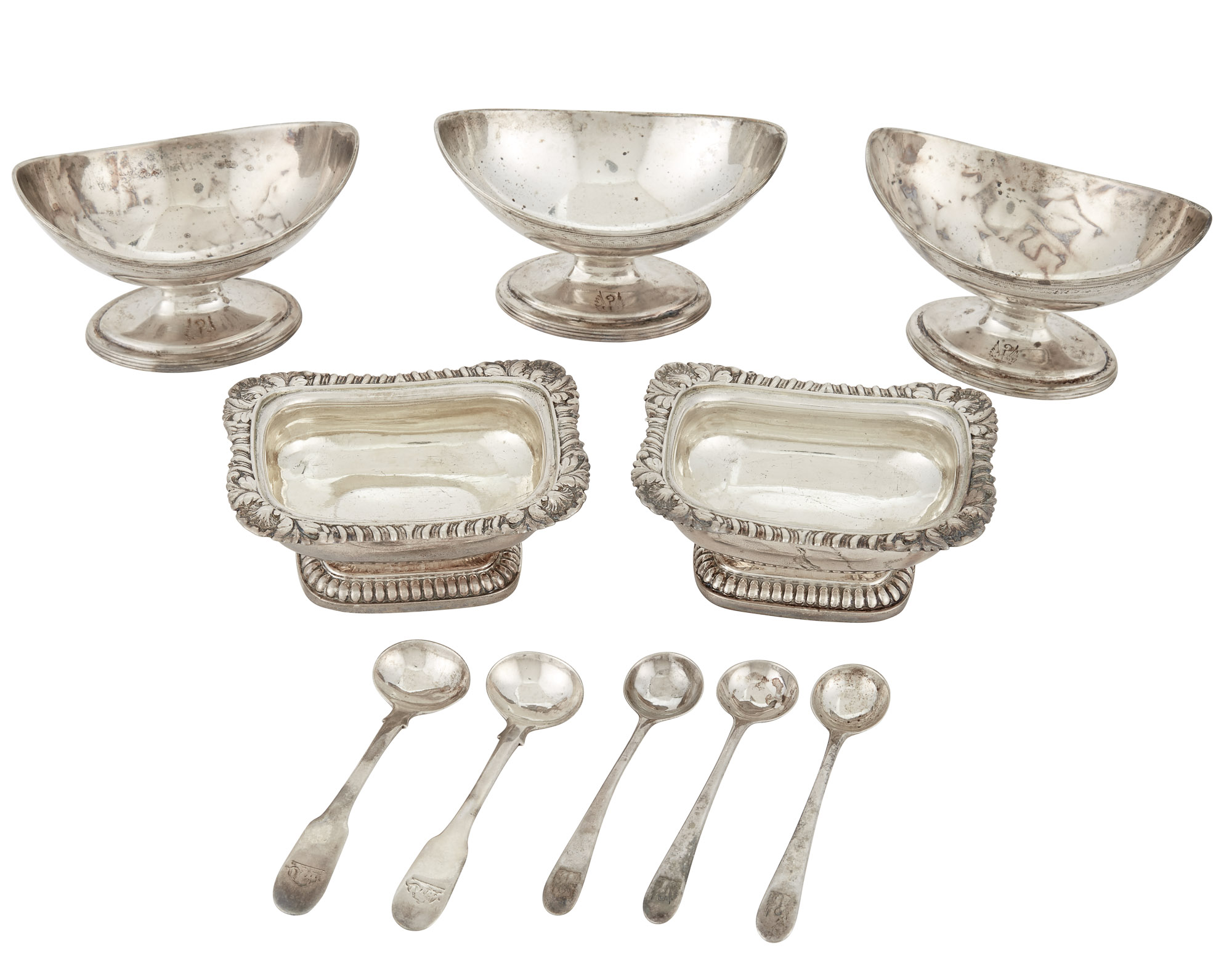 Lot image - Set of Three George III Sterling Silver Urn-Form Footed Salt Cellars; Together with a Pair of George III Footed Salt Cellars and Five Associated Sterling Silver Salt Spoons