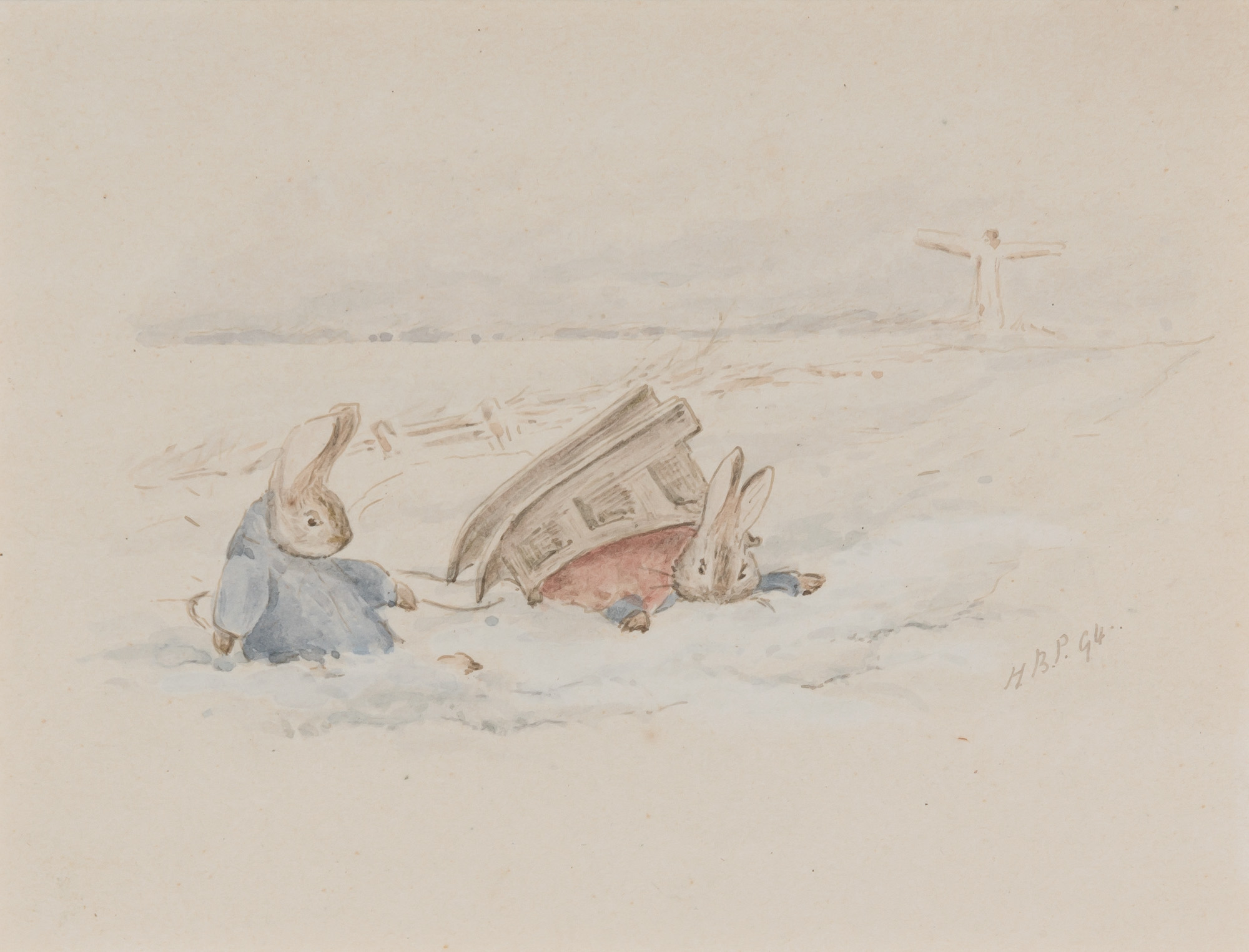 Lot image - POTTER, BEATRIX  Peter Rabbit Sledging [Two rabbits in sledding mishap].