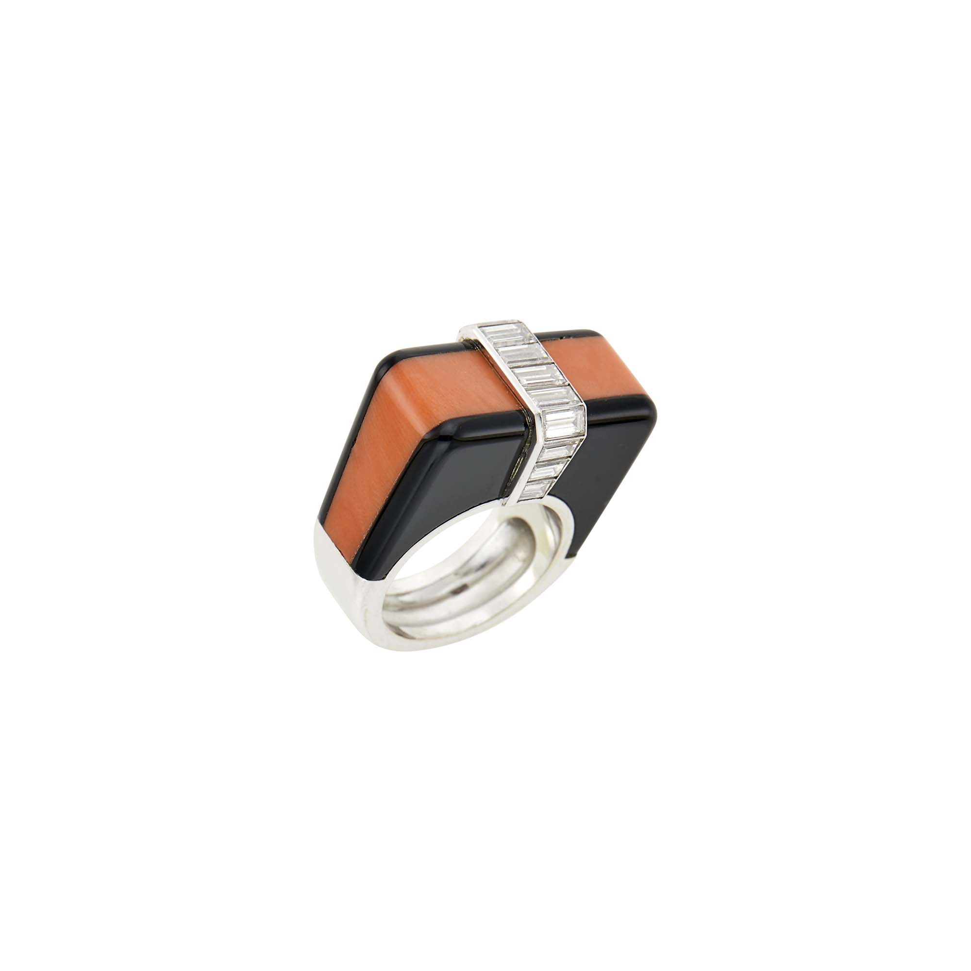 Lot image - White Gold, Platinum, Coral, Black Onyx and Diamond Ring, France