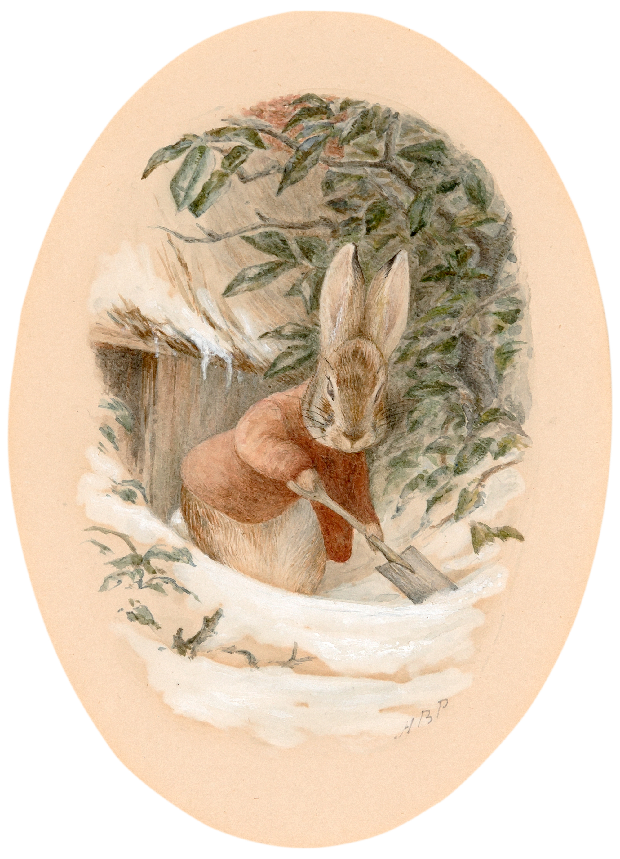 Lot image - POTTER, BEATRIX  Rabbit in red jacket shovelling snow.