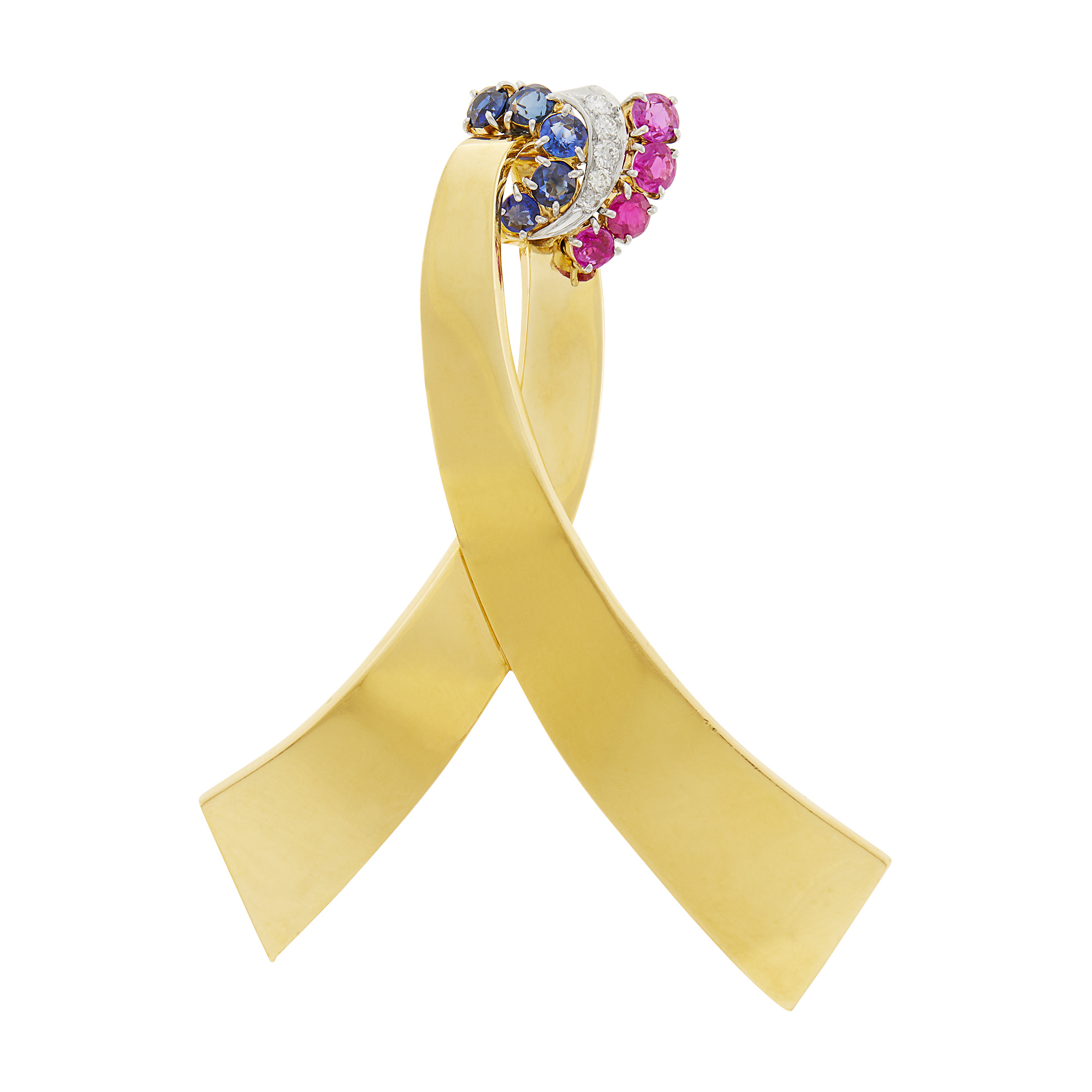 Lot image - Two-Color Gold, Sapphire, Ruby and Diamond Ribbon Brooch