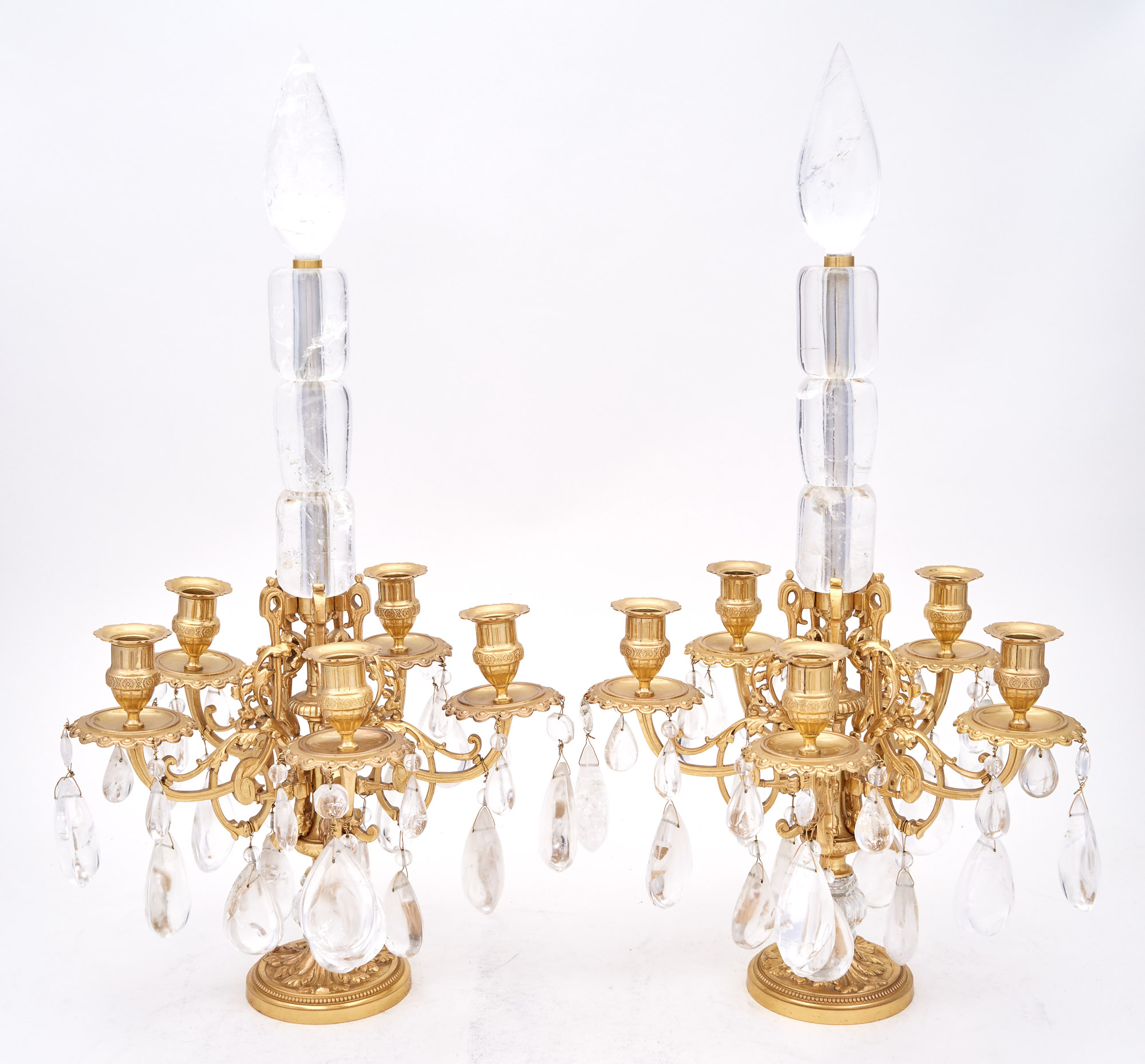 Lot image - Pair of Louis XVI Style Gilt-Bronze and Rock Crystal Five-Light Candelabra