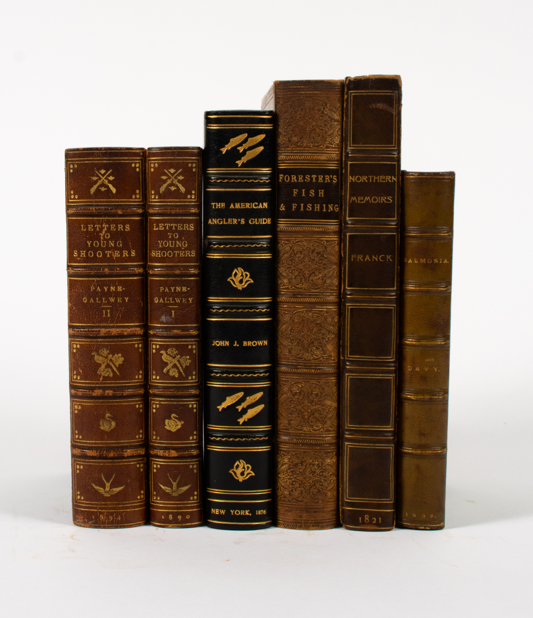 Lot image - [ANGLING - FINE BINDINGS]  A group of five finely-bound nineteenth century angling and hunting books.
