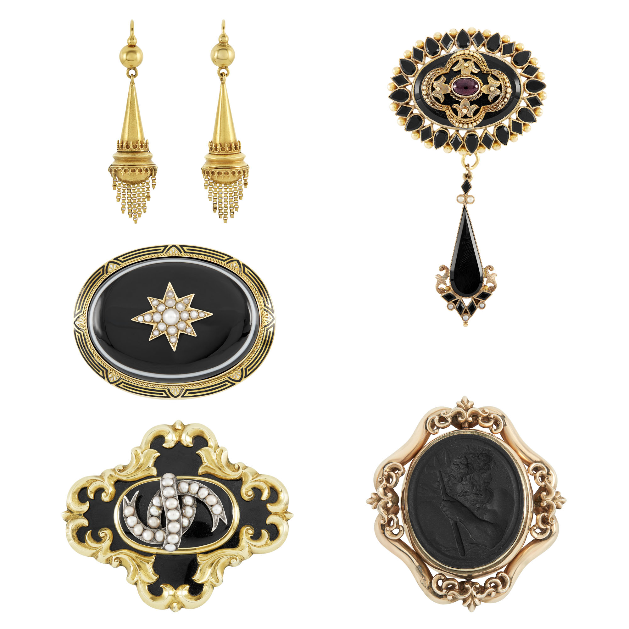 Lot image - Pair of Antique Gold and Gem-Set Earrings and Four Brooches