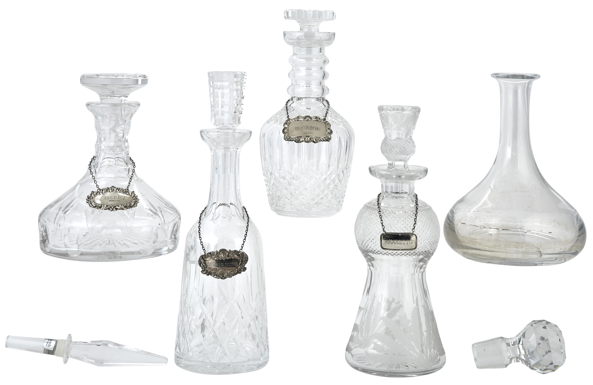 Lot image - Group of Five Molded and Cut Glass Decanters