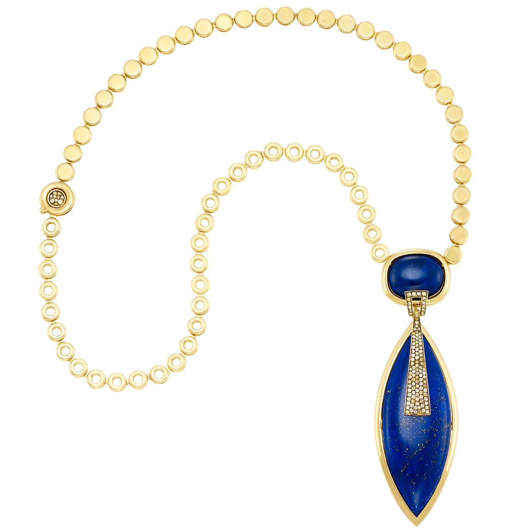 Lot image - Gold, Lapis, Diamond and Colored Diamond Pendant-Necklace