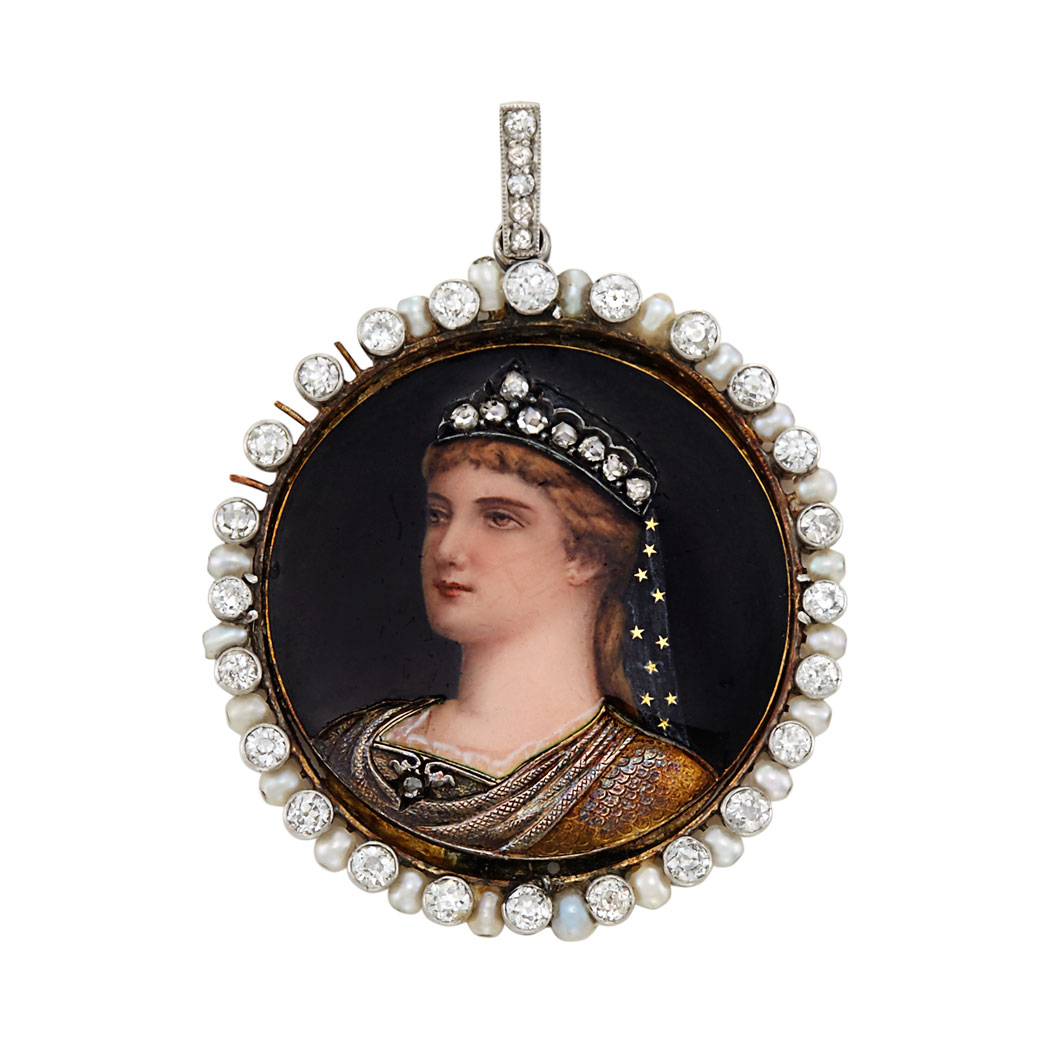Lot image - Antique Platinum-Topped Gold, Portrait Miniature, Diamond and Pearl Pendant