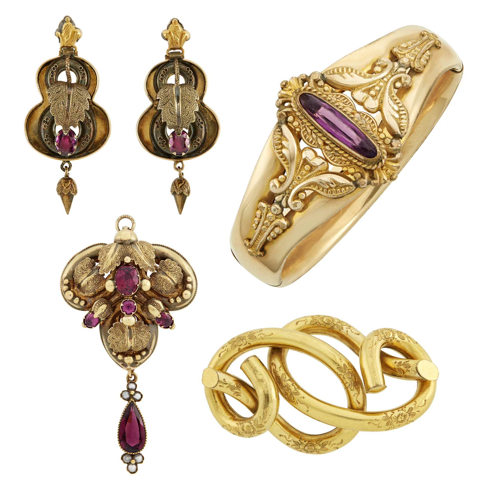 Lot image - Antique Gold, Gold-Plated and Gem-Set Jewelry