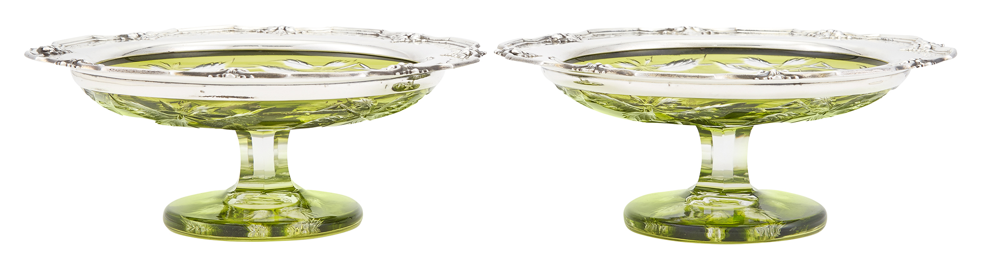 Lot image - Pair of Gorham Sterling Silver Mounted Green Glass Compotes