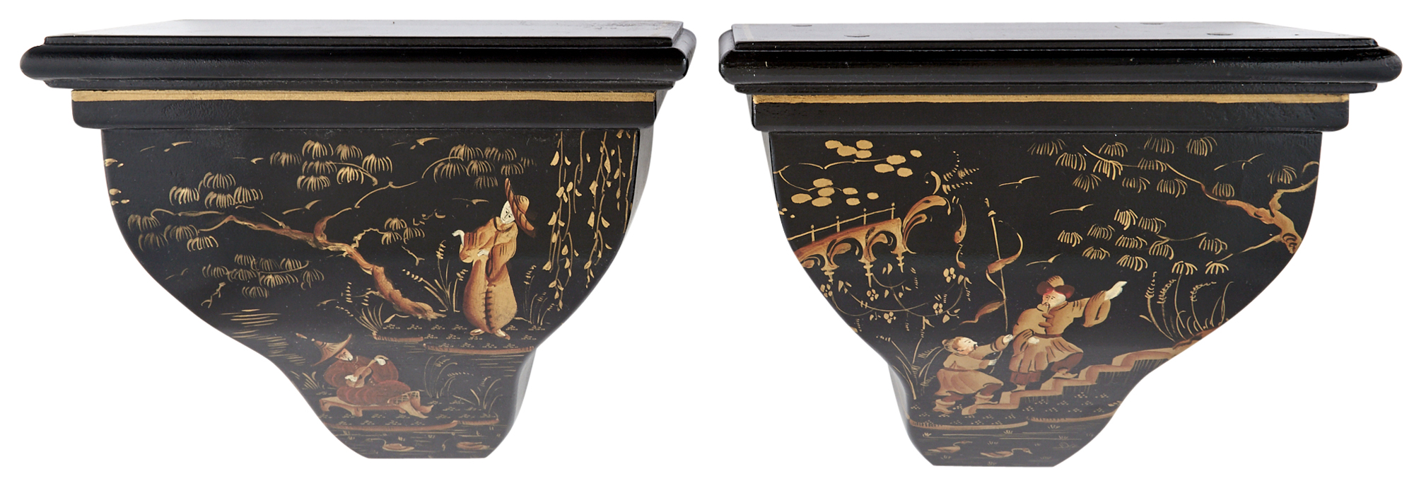 Lot image - Pair of Black Painted Chinoiserie Decorated Wall Brackets