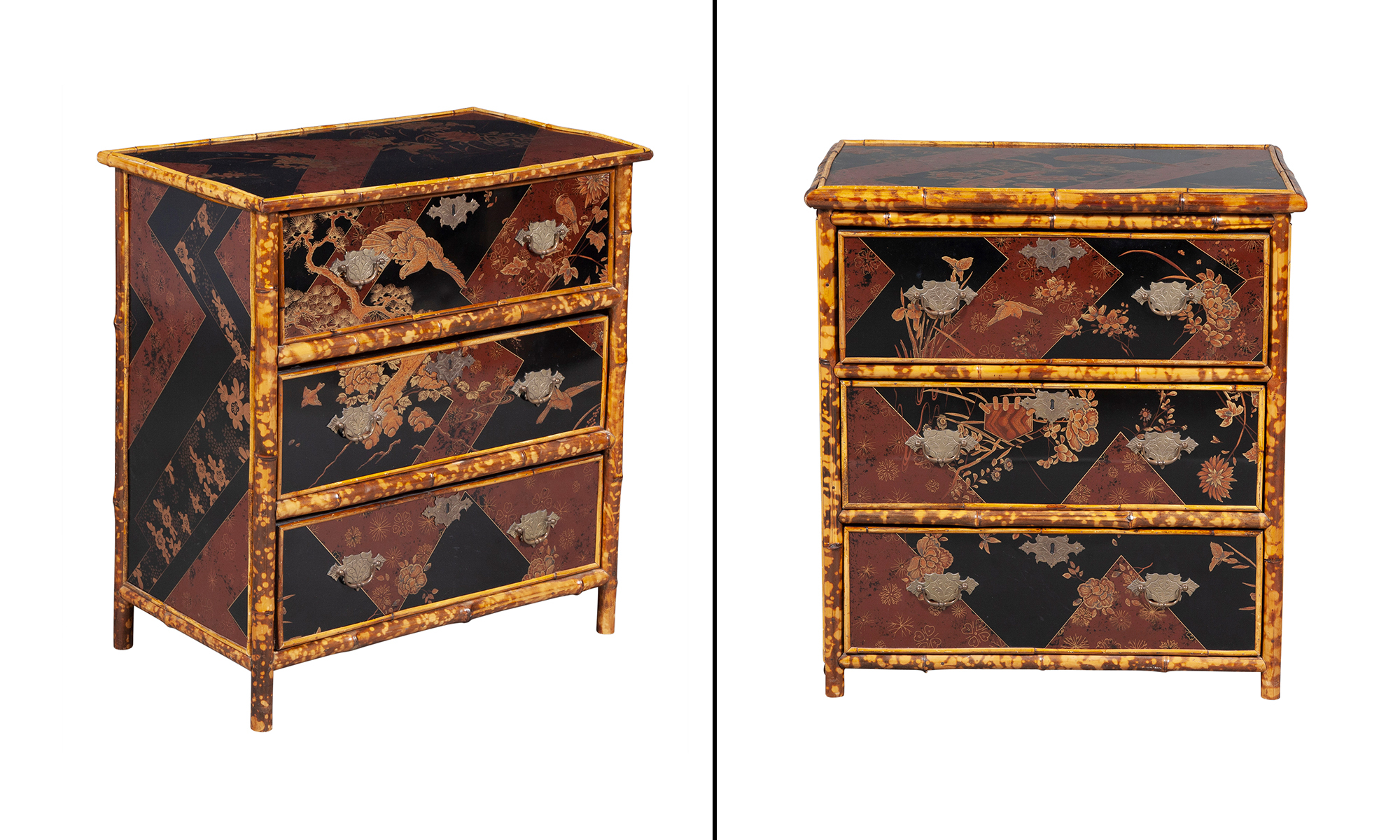 Lot image - Pair of Bamboo and Chinoiserie Lacquer Chest of Drawers