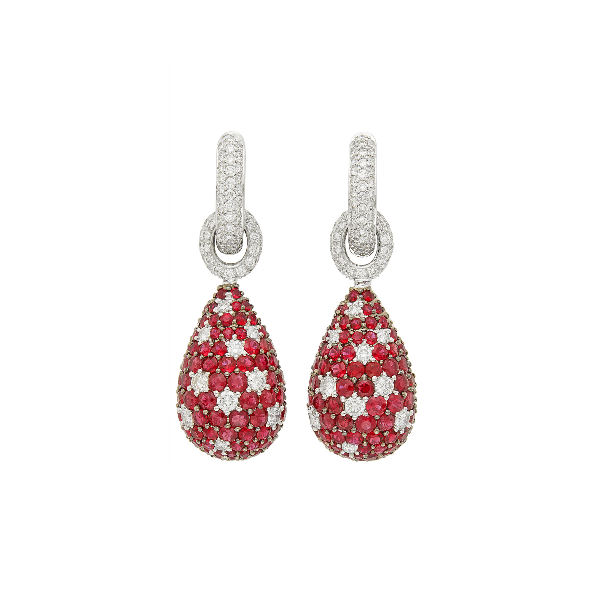 Lot image - Pair of White Gold, Ruby and Diamond Pendant-Earrings