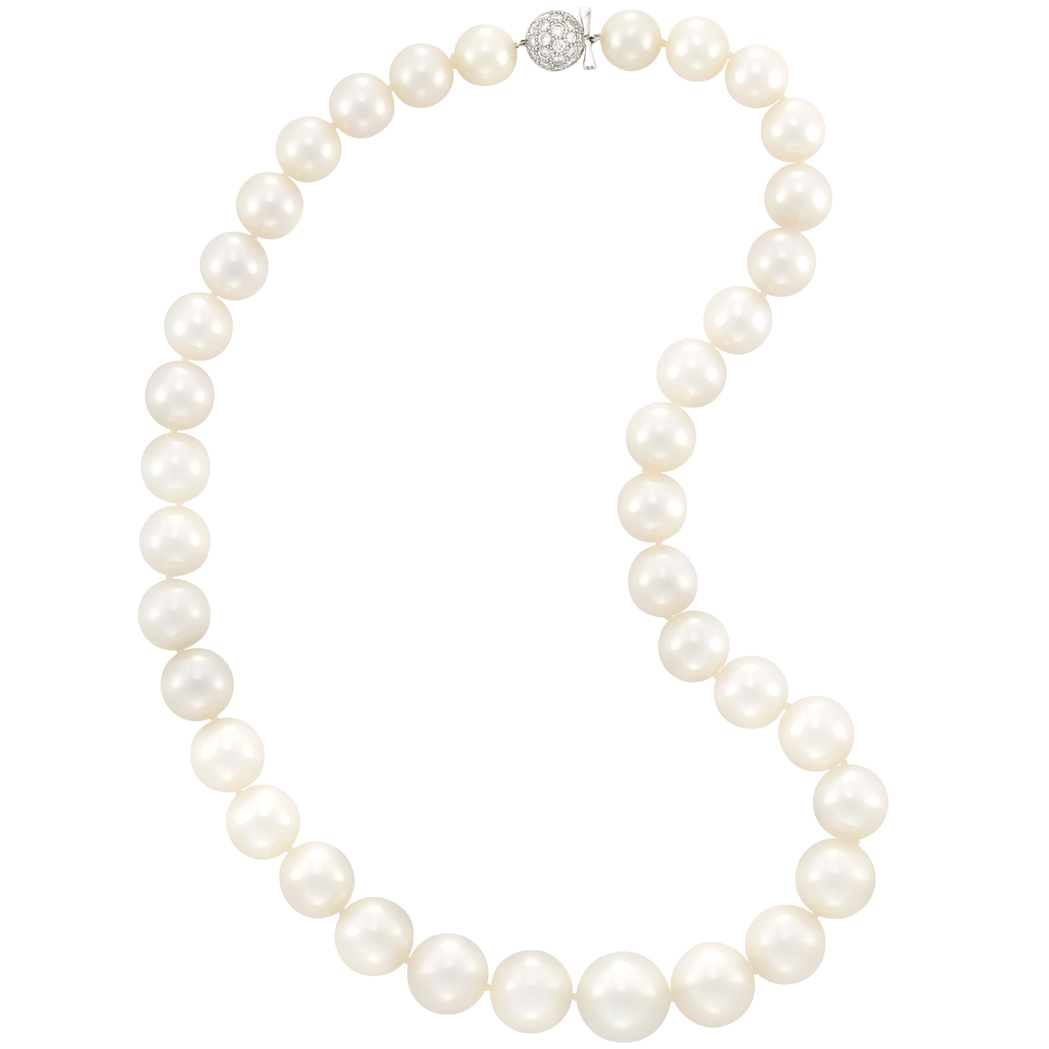 Lot image - South Sea Cultured Pearl Necklace with White Gold and Diamond Ball Clasp