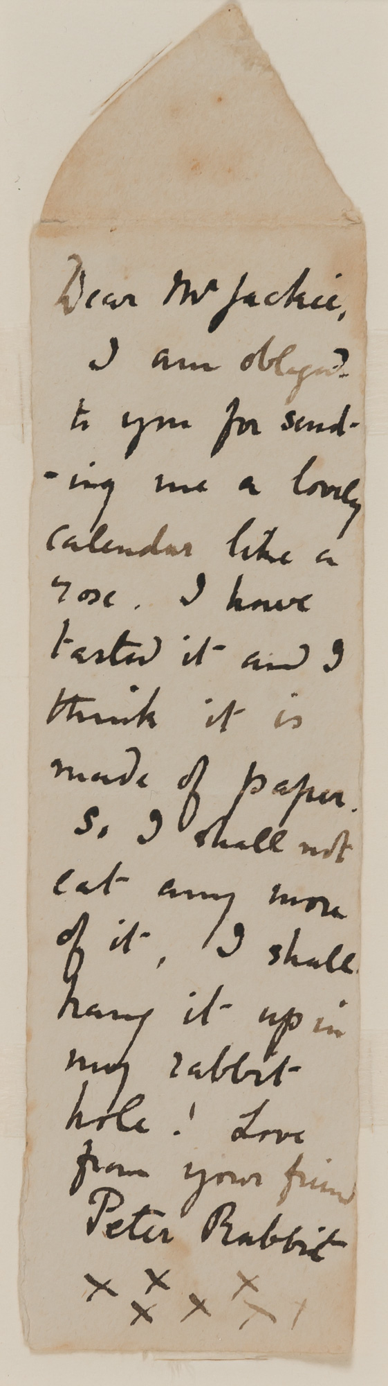 Lot image - POTTER, BEATRIX  Four miniature autograph letters and an autograph postcard to Master Jack Ripley, signed from Benjamin Bunny, Peter Rabbit, Josephine Rabbit, Mr. McGregor and Beatrix Potter, 1908-1909.