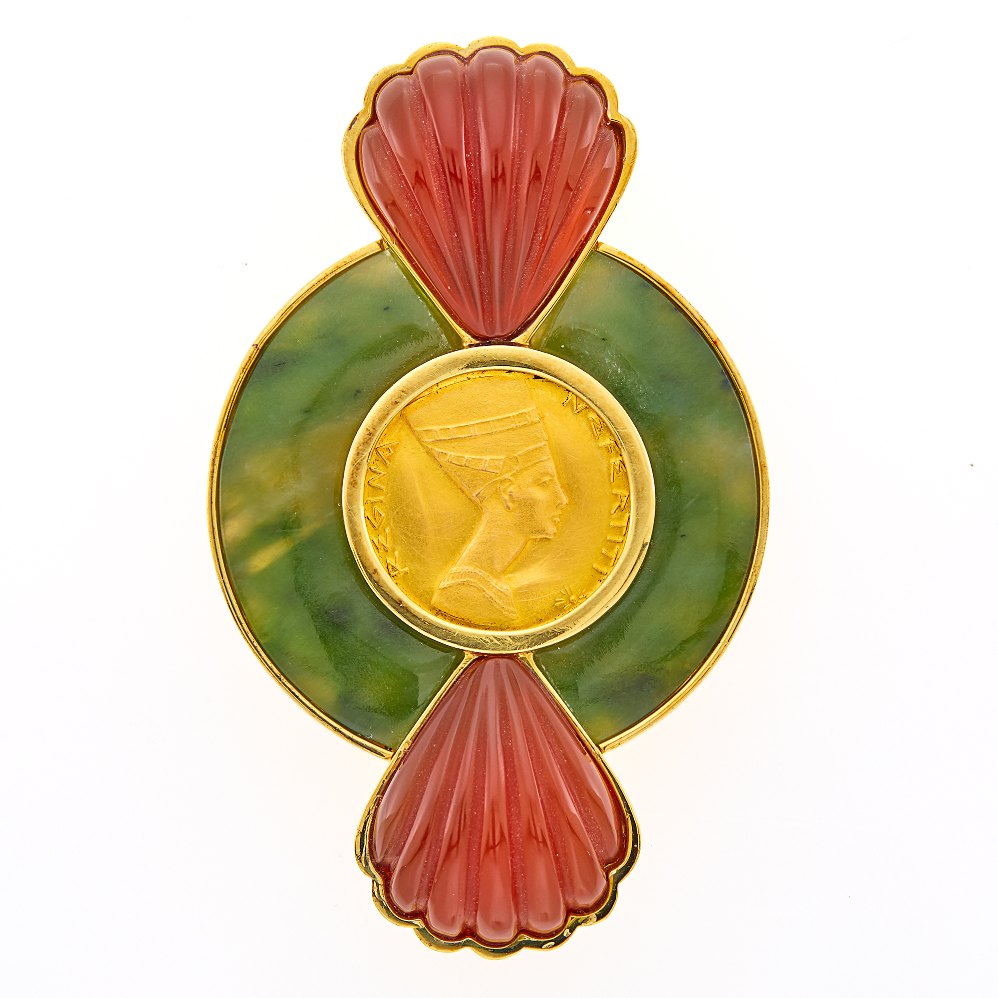Lot image - Tambetti Gold, Carved Carnelian and Nephrite Pendant-Brooch