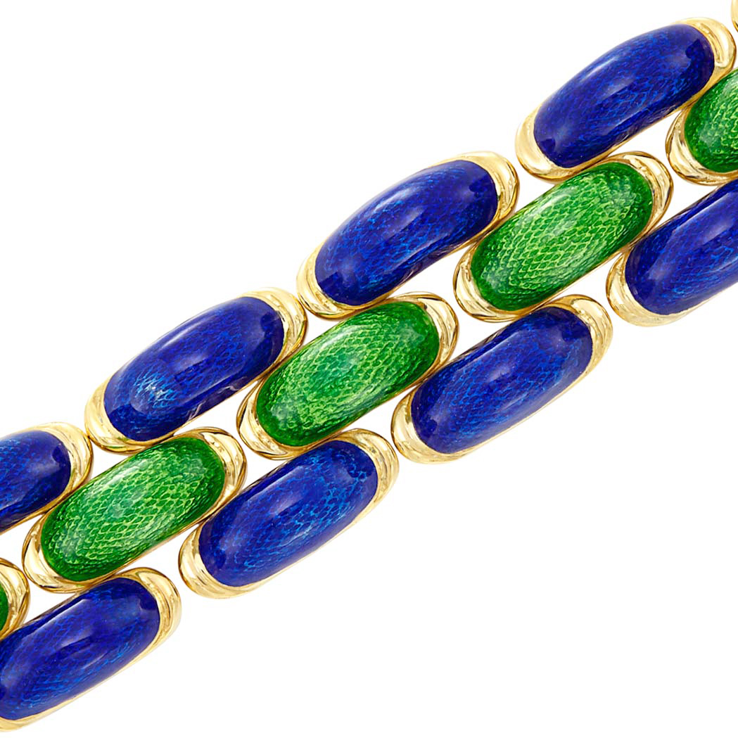 Lot image - Gold and Green and Blue Enamel Link Bracelet, Tiffany & Co., Schlumberger